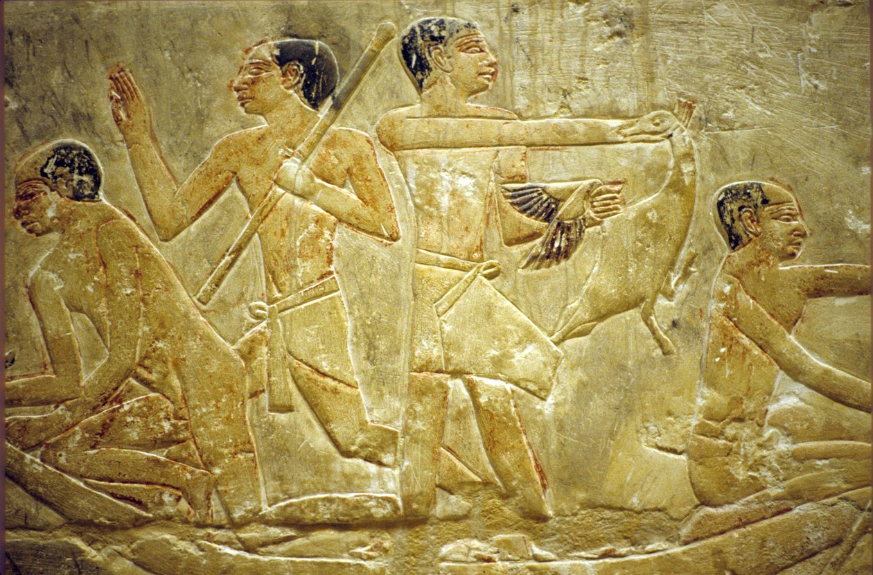 Det gamle Egypten, Vægudskæring/-maleri, Mastaba/Tomb of Idout, Sakkara/Saqqara, Fangst af fugle i mosen, 6. dynasti (foto) af School Egyptian