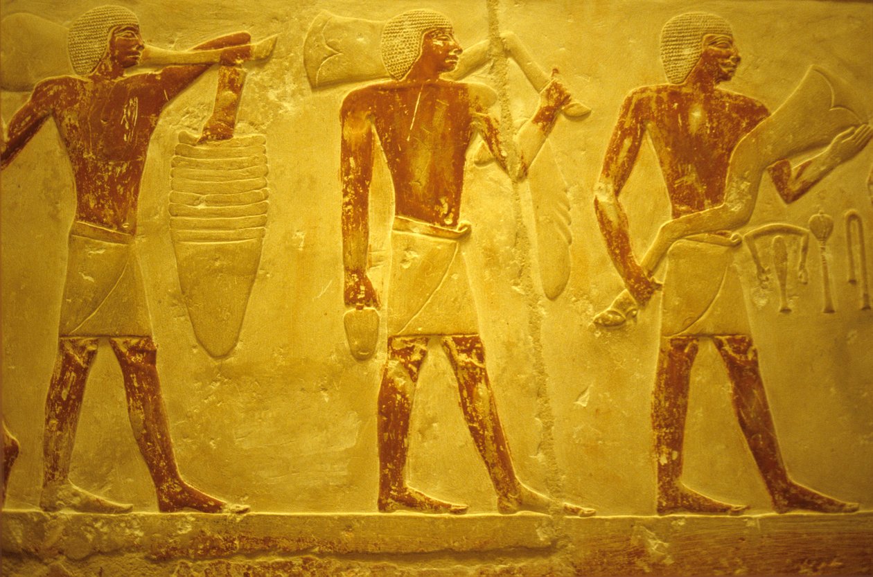 Det gamle Egypten, Vægudskæring/maleri, Mastaba/Tomb of Idout, Saqqara, 2323-2150 f.Kr., Bærere med offergaver (foto) af School Egyptian