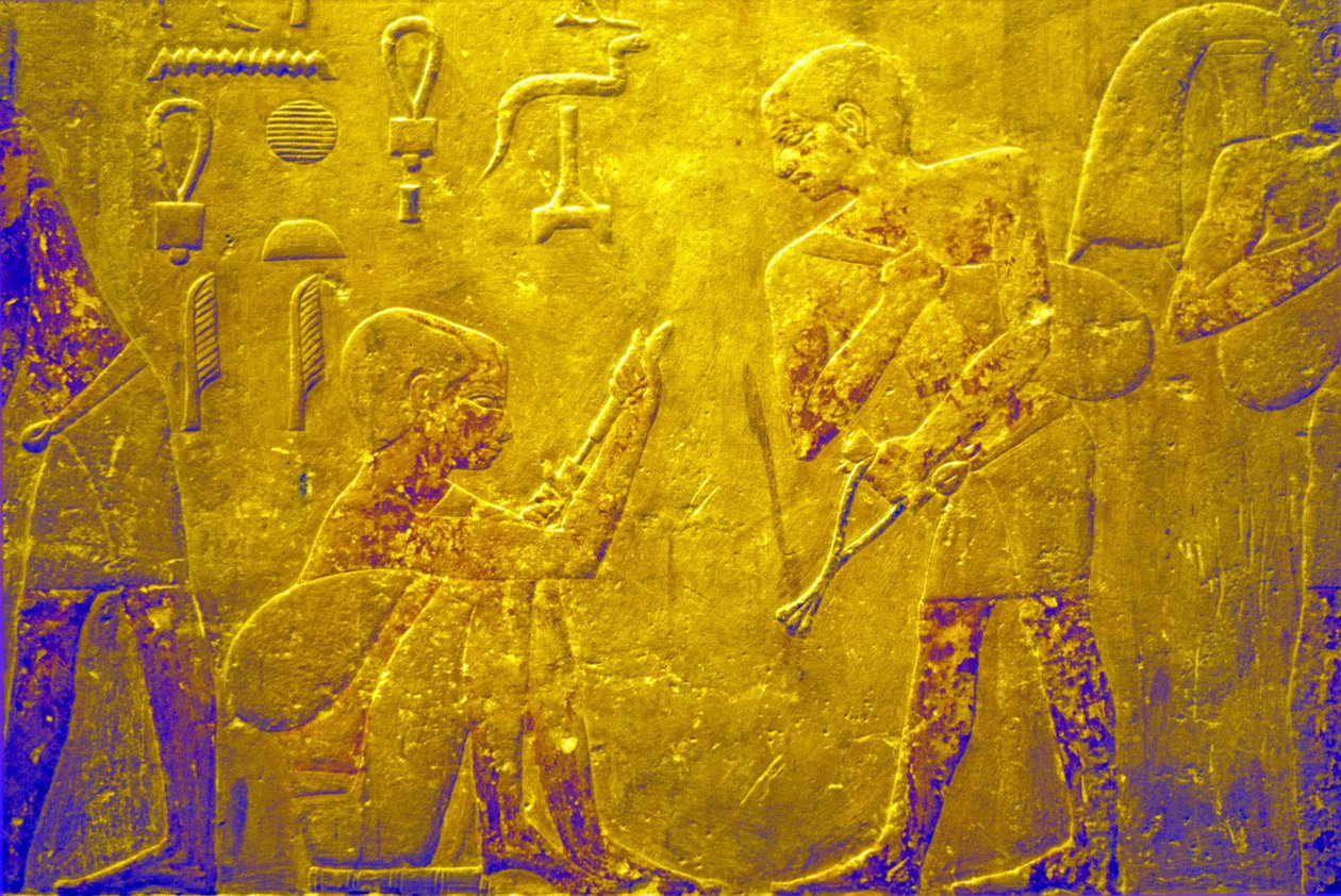 Det gamle Egypten, Vægudskæring/-maleri, Mastaba/Tomb of Ti, Saqqara, 5. dynasti, Handel med varer på marked (foto) af School Egyptian