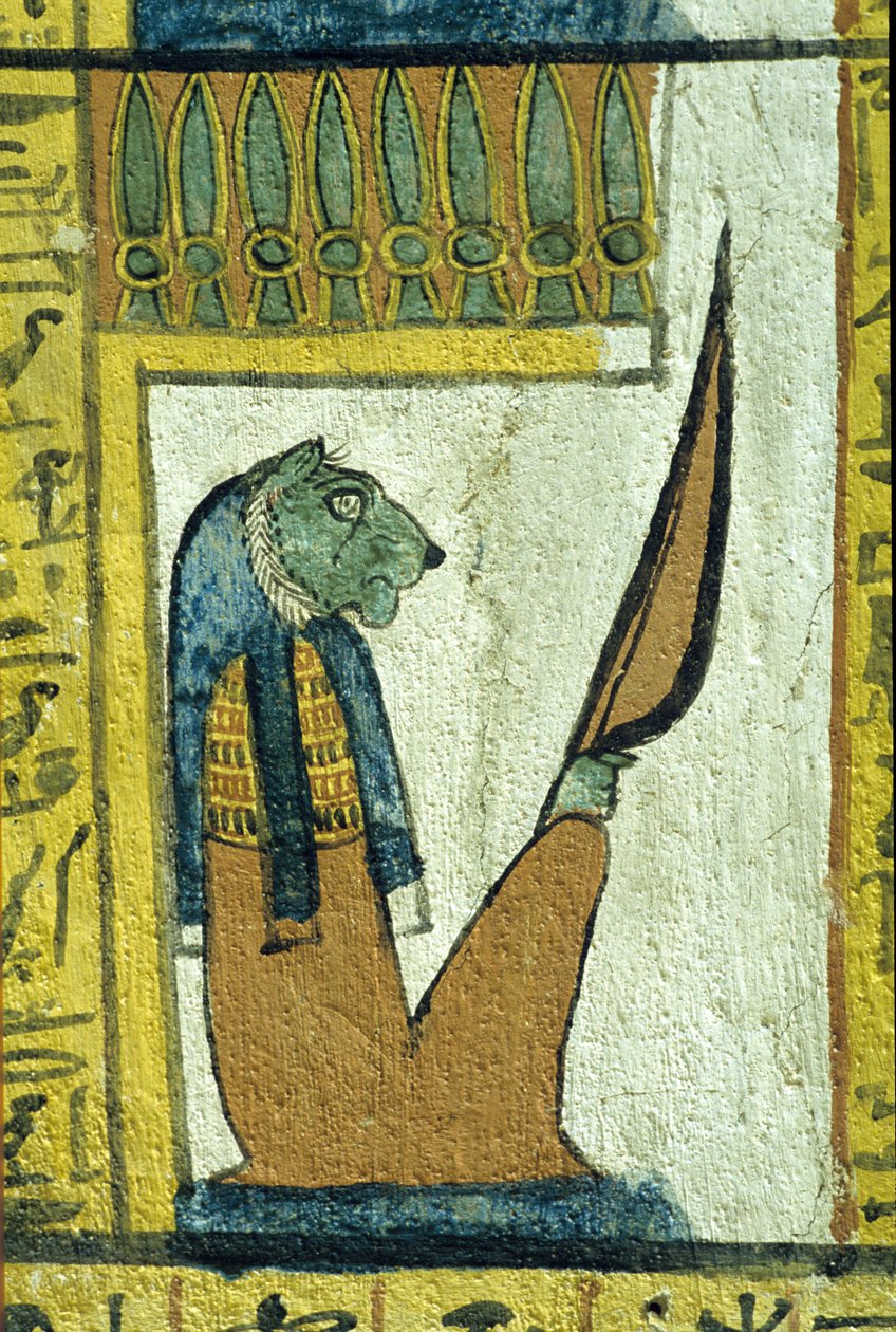 Det gamle Egypten, Vægmaleri, Underverdenens gud med løvehoved, Sennedjems grav, Theben, Deir el Medina af School Egyptian