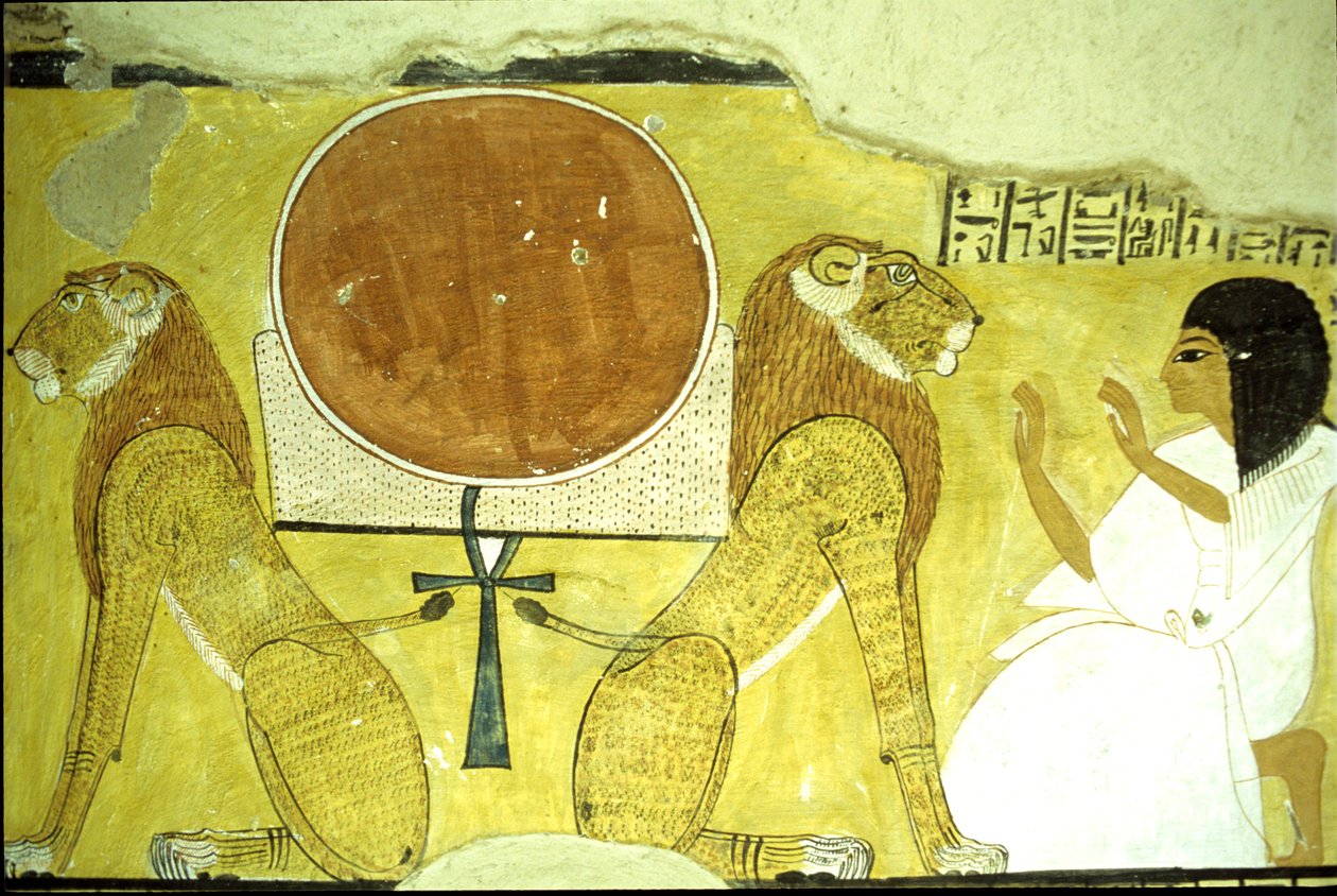 Det gamle Egypten, vægmaleri Inherkaus grav, Theben, Inherkaus tilbedelse af to løver, nutidens og morgendagens vogtere, 20. dynasti (foto) af School Egyptian