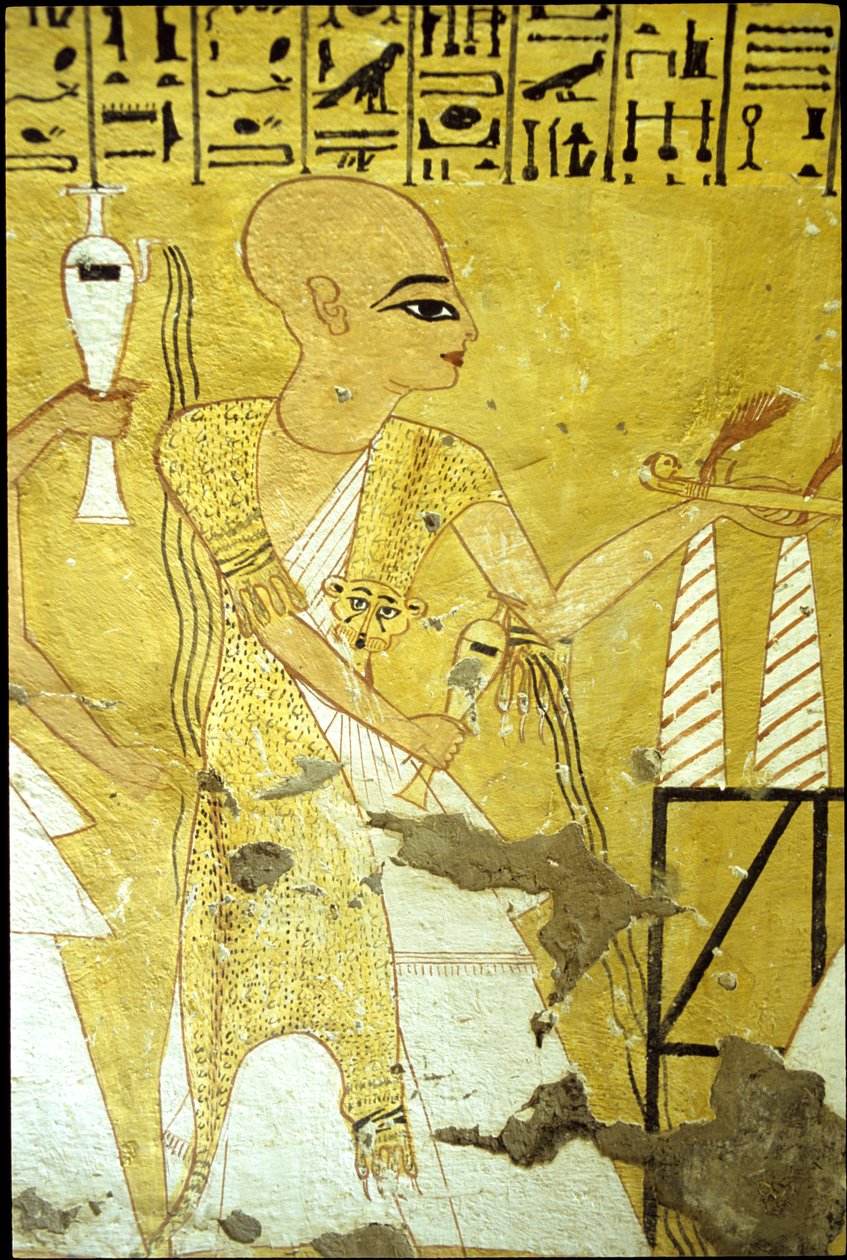 Det gamle Egypten, Vægmaleri Inherkhaos grav, Theben, Adelens grav, 20. dynasti, En præst skænker libations til Inherkhaos (foto) af School Egyptian