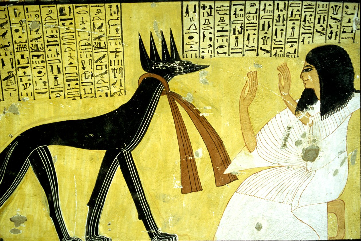 Det gamle Egypten, Vægmaleri Inherkhaus grav, Theben, Adelsgraven, 20. dynasti, Inherkhau tilbeder sjakal-guderne (foto) af School Egyptian