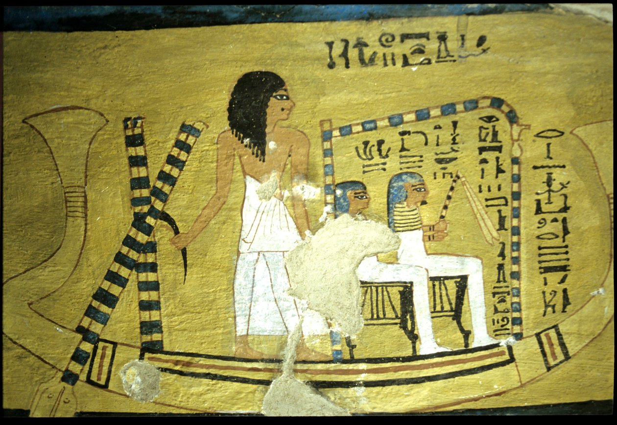 Det gamle Egypten, Vægmaleri Inherkhaus grav, Theben, adelens grav, 20. dynasti, Inherkhau styrer en båd med to guder siddende i et skrin (foto) af School Egyptian
