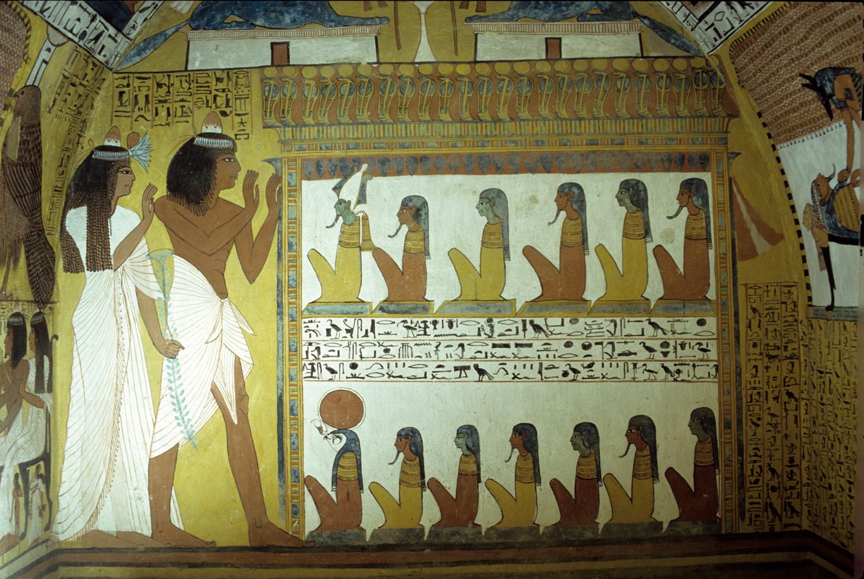 Det gamle Egypten, Vægmaleri, Sennedjems grav, Væg, Sennedjem og hans kone tilbeder underverdenens guder, Osiris, Horus, Theben, Deir el Medina af School Egyptian