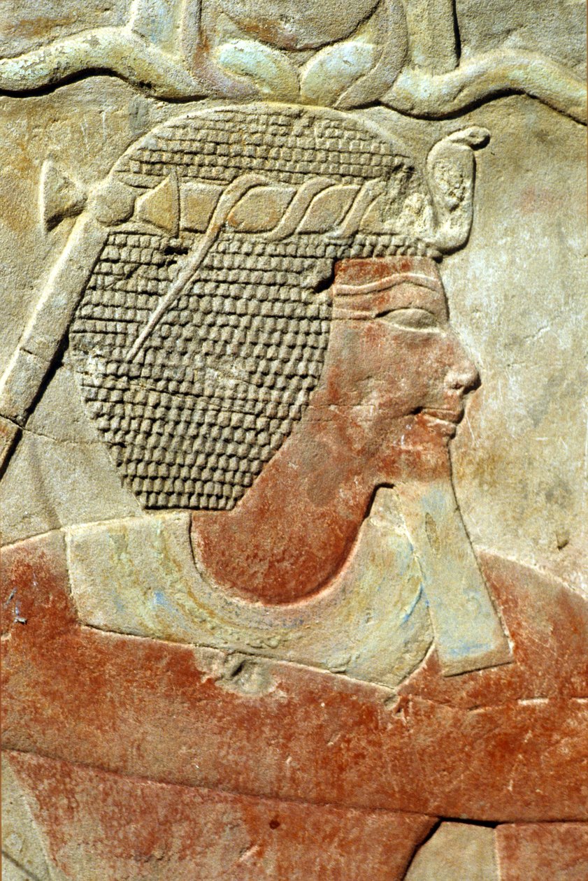 Det gamle Egypten, Vægmaleri/ristning, En farao iført Atef-kronen, Karnak-templet, Luxor (foto) af School Egyptian