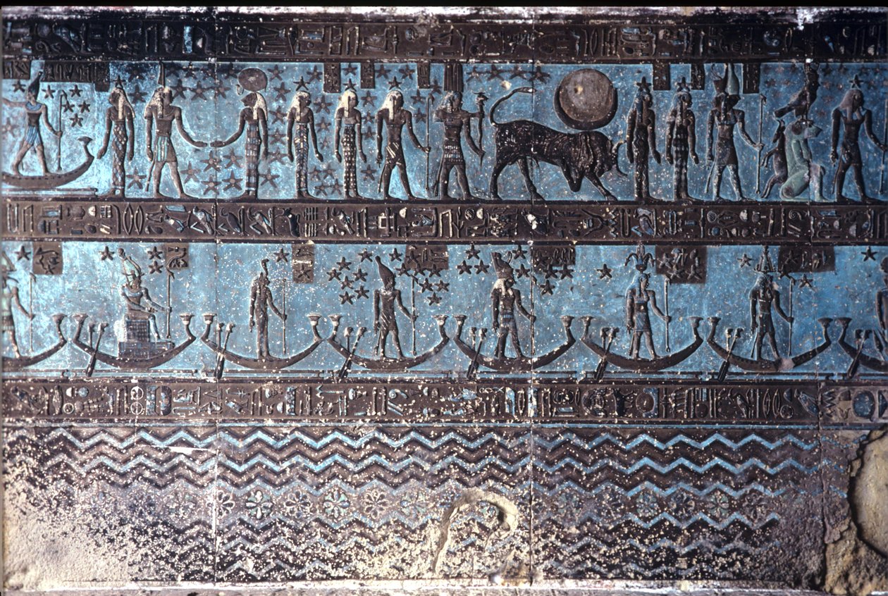 Det gamle Egypten, Vægmaleri/udskæring, Astrologiske symboler fra loftet i den ydre hypostylehal, Hathor-templet, Dendera (foto) af School Egyptian