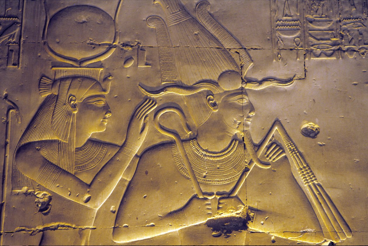 Det gamle Egypten, Vægmaleri/ristning, Gudinden Isis omfavner sin siddende mand, Osiris, Seti I
