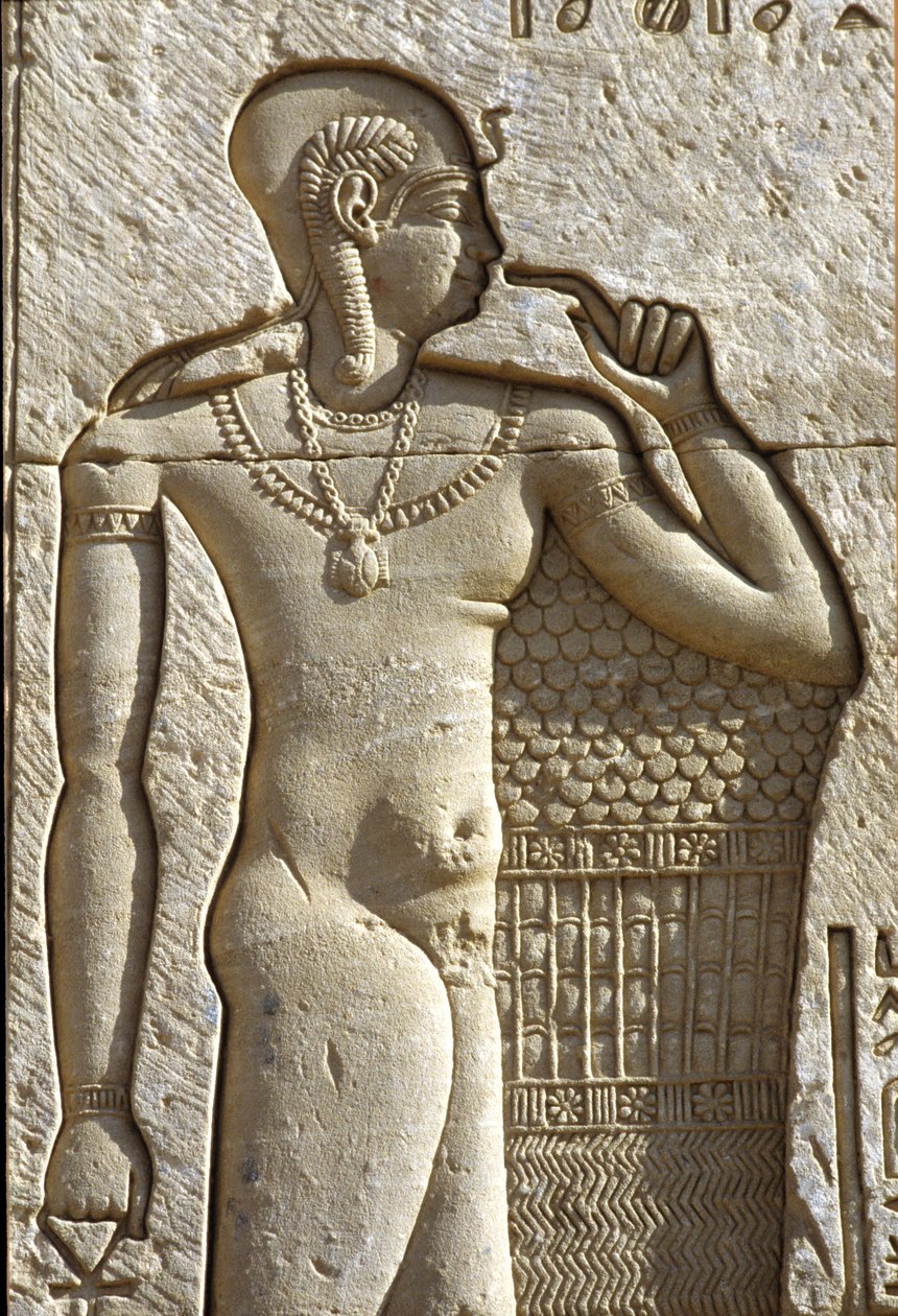 Det gamle Egypten, Vægmaleri/skulptur, Ihy, søn af Amun og Mut, Hathor-templet, Dendera (foto) af School Egyptian