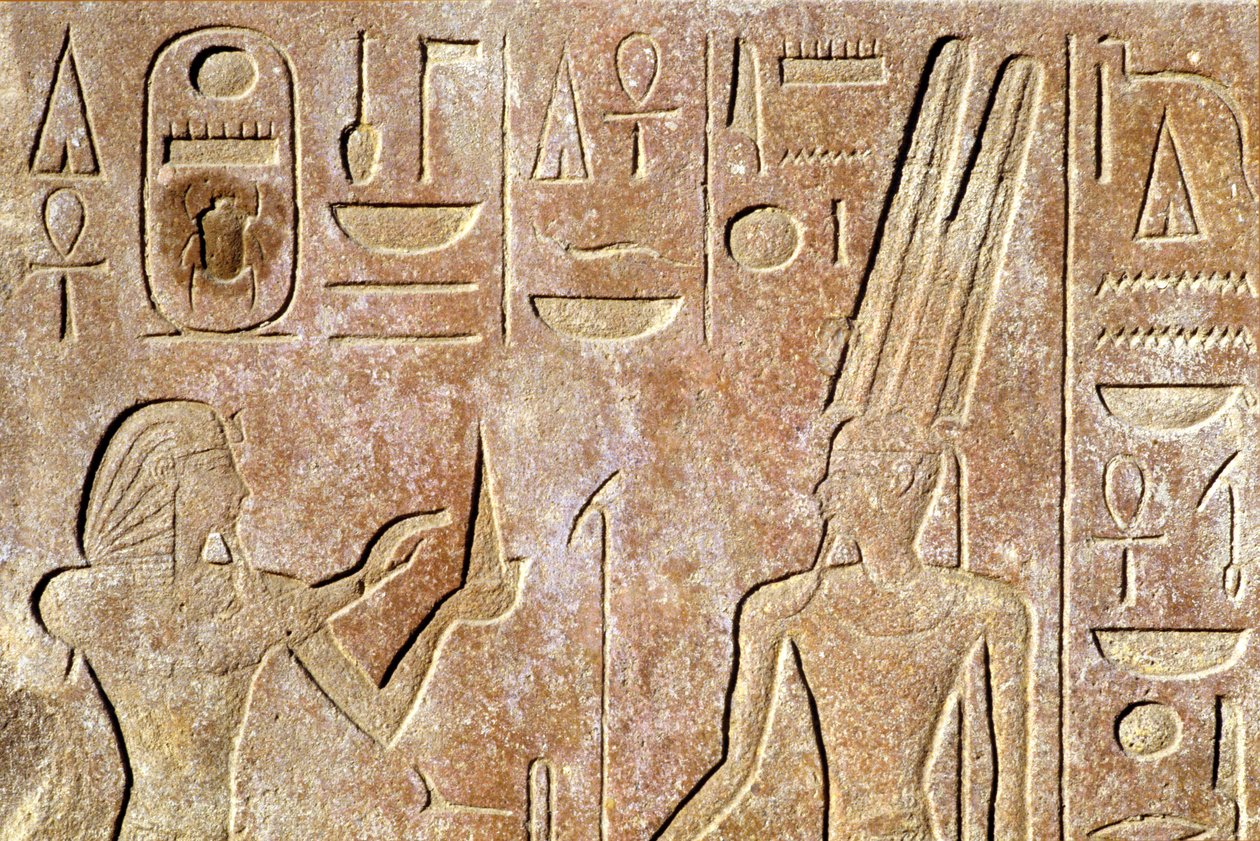 Det gamle Egypten, Vægmaleri/udskæring, Karnak/Luxor-templet, Hatshepsut tilbyder brød til Amon Ra af School Egyptian