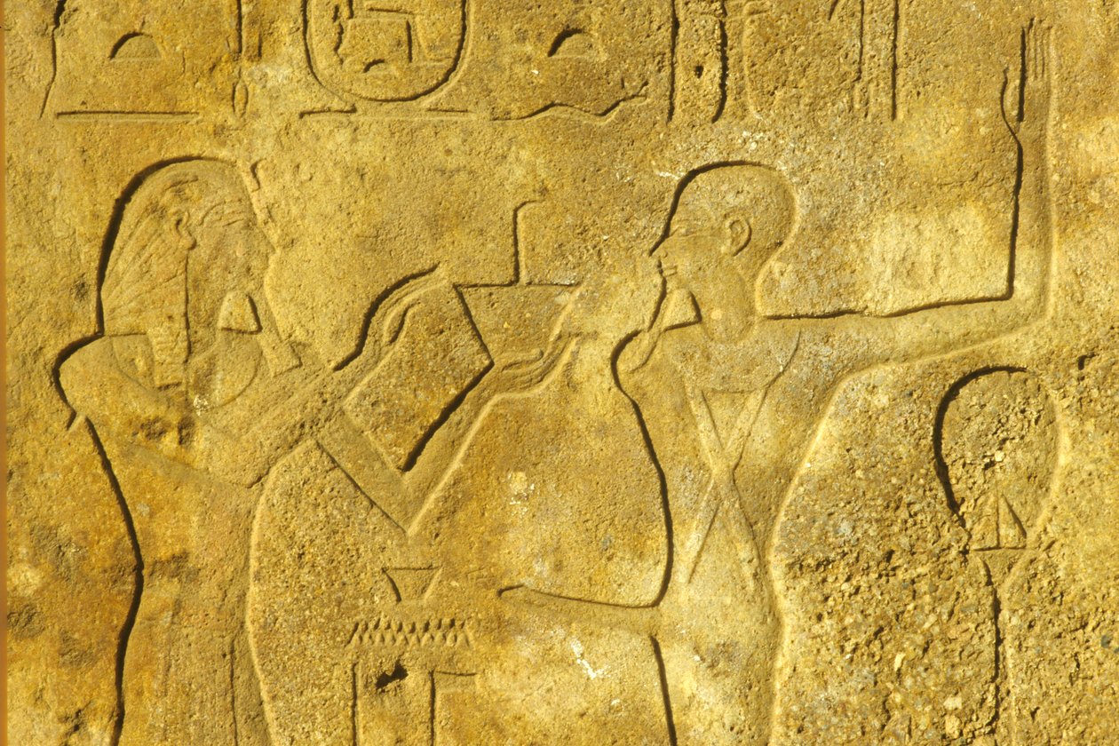 Det gamle Egypten, vægmaleri/udskæring, Karnak/Luxor-templet, Hatshepsut tilbyder røgelse til Gud Min af School Egyptian