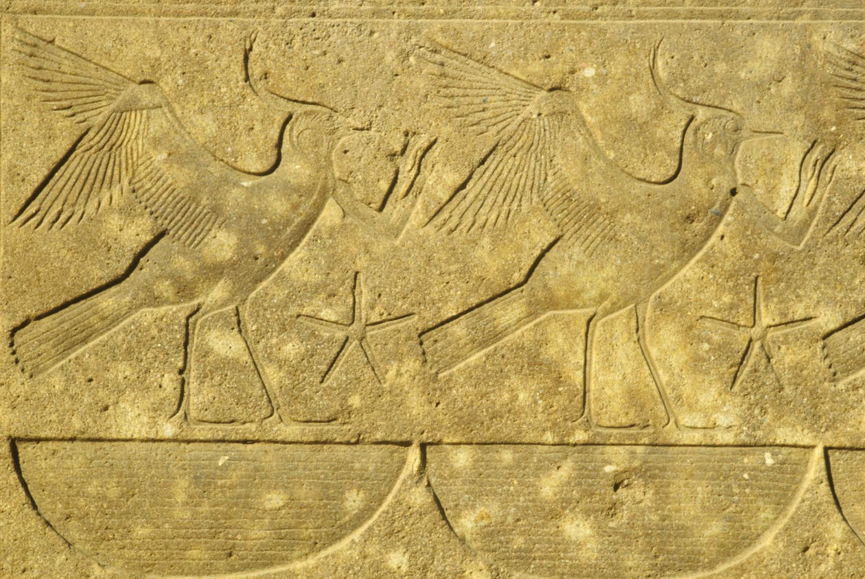 Det gamle Egypten, Vægmaleri/skulptur, Lapwings, der repræsenterer de forskellige stammer i Egypten, Karnak-templet, Luxor (foto) af School Egyptian