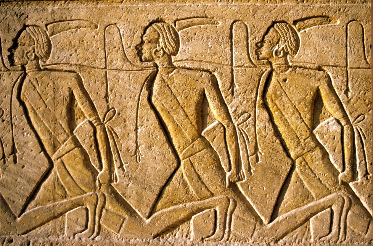 Det gamle Egypten, Vægmaleri/ristning, Række af fanger, der repræsenterer det kushitiske folk, afbildet som afrikanere, der er blevet besejret af Ramses II, Ramses II