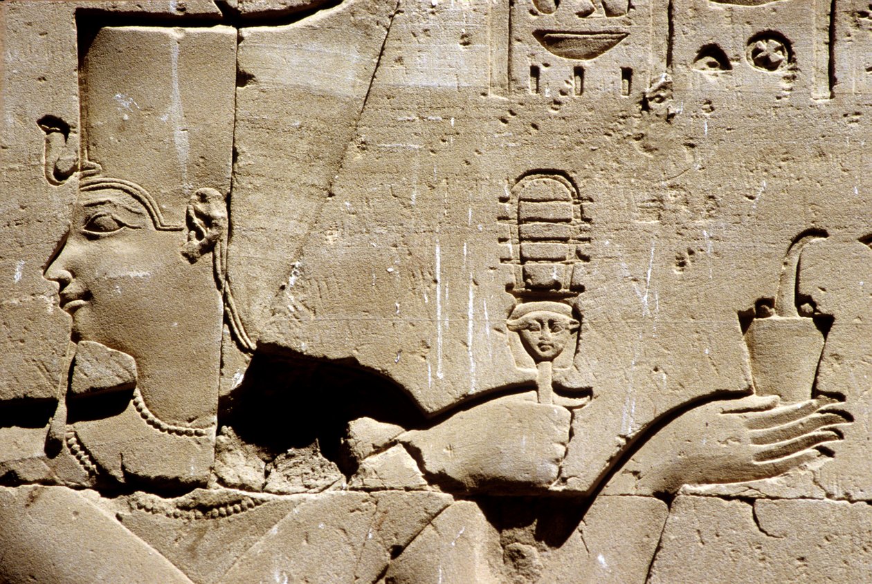 Det gamle Egypten, Vægmaleri/udskæring, Farao Ptolemaios ryster en systrum og tilbyder røgelse, Horus-templet, Edfu (foto) af School Egyptian