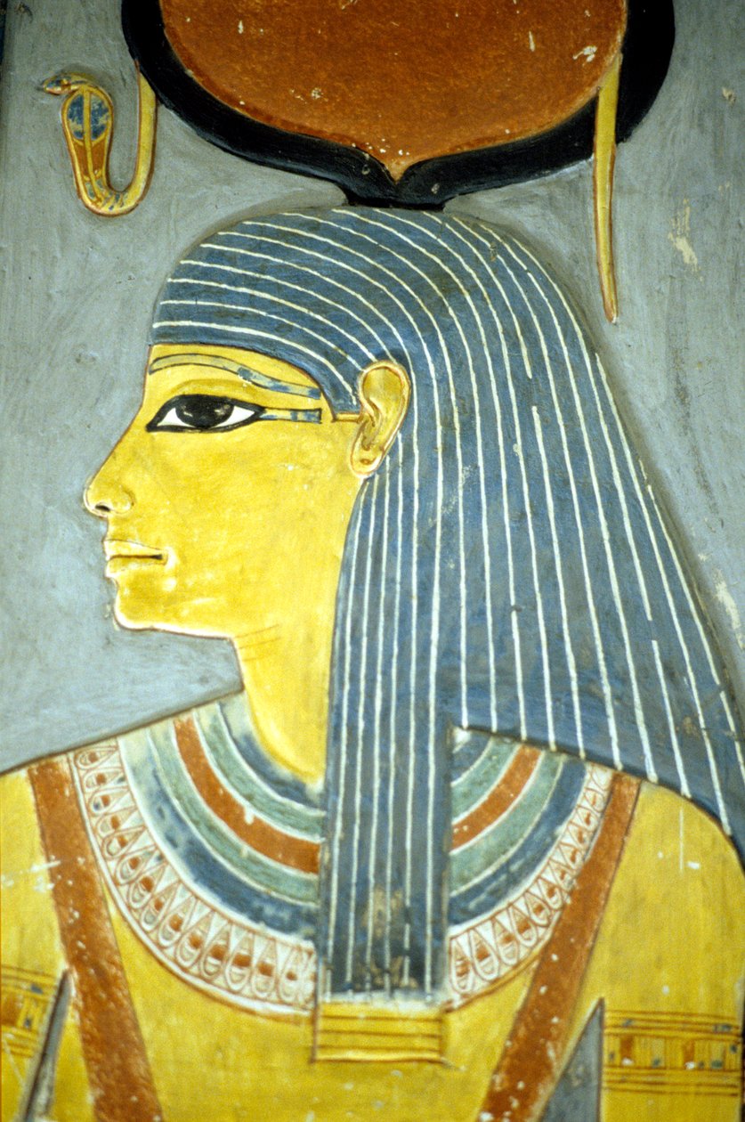 Det gamle Egypten, Vægmaleri/udskæring, Gudinden Isis, frugtbarhedsgudinde, Horemhebs grav, Thebens adelige grav (foto) af School Egyptian