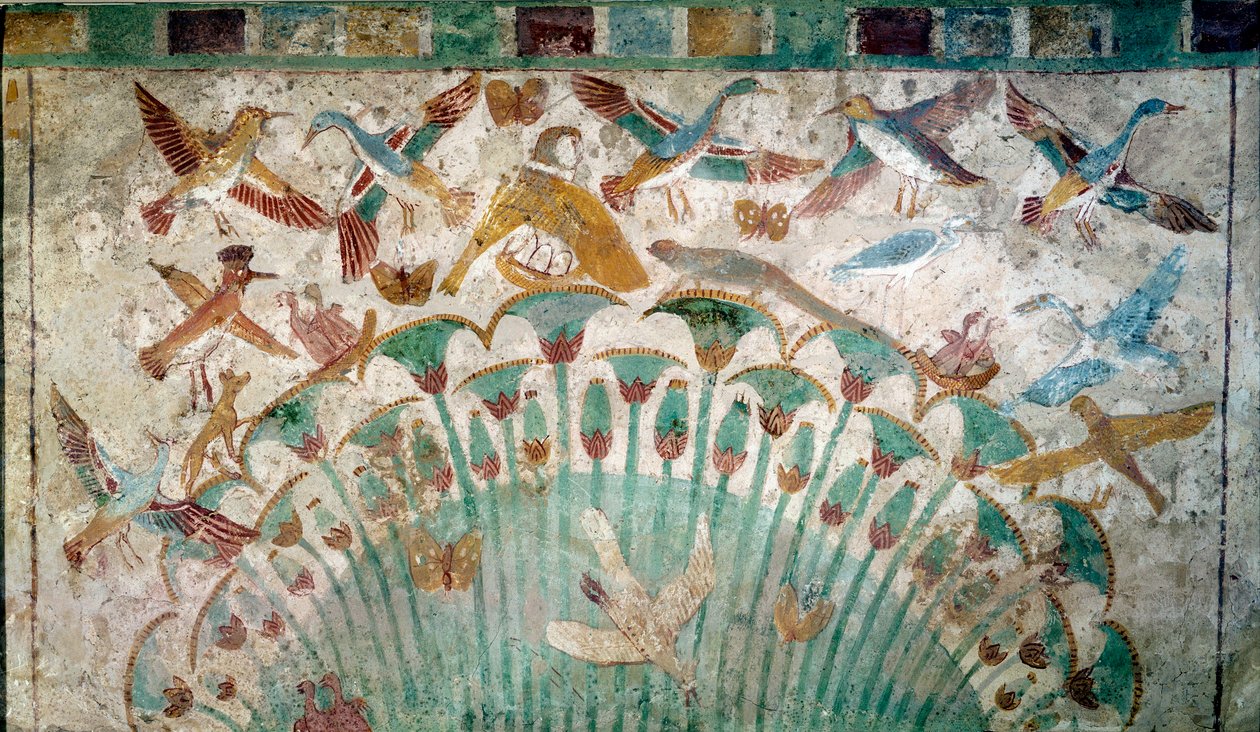 Det gamle Egypten: dyr i et papyrusdække, kalkstensfragment fra Neferhoteps grav, ca. 1400 f.Kr. 18. dynasti, Dimension 43x74 cm Paris, Louvre-museet - Egyptisk oldtid: dyr i et papyrusdække, Kalkstensfragment fra Neferhoteps grav af School Egyptian