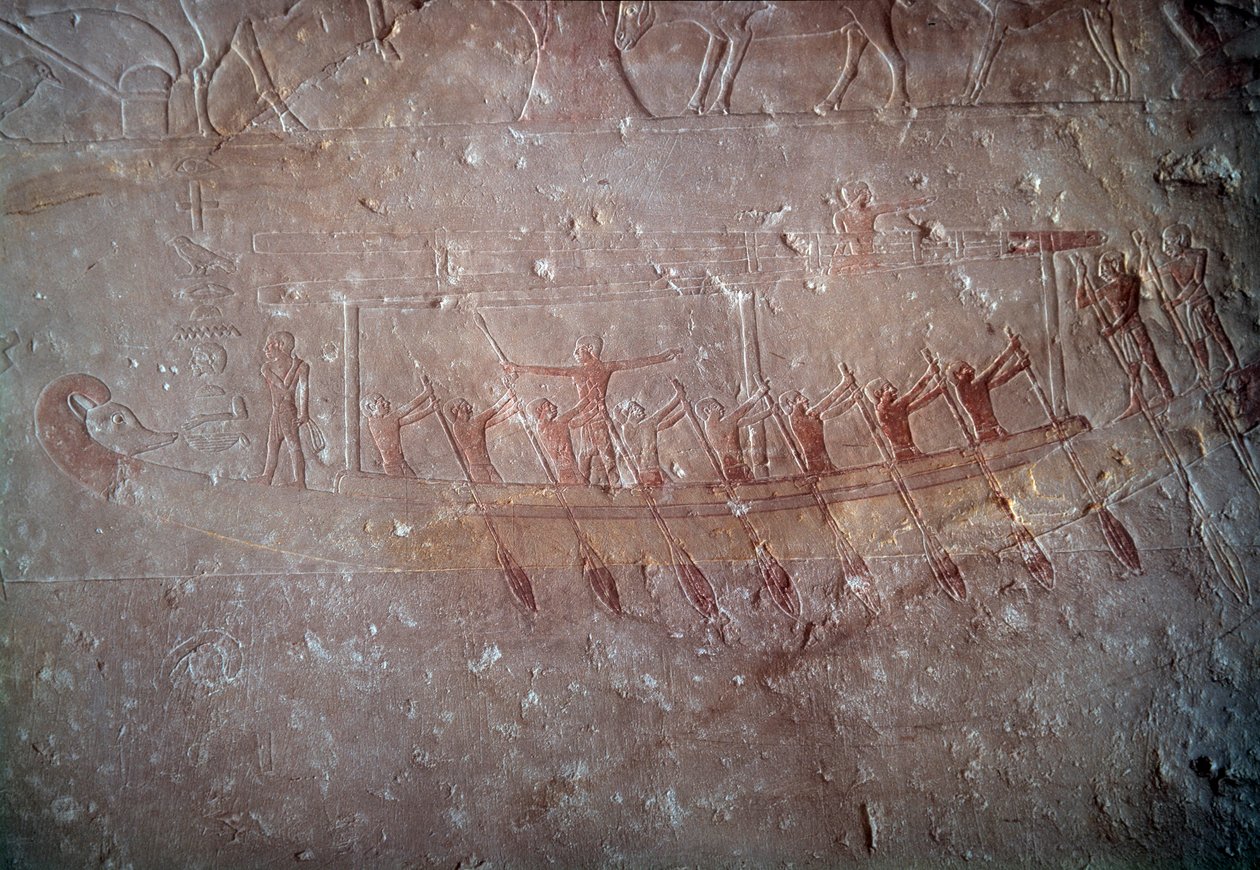 Det gamle Egypten: kalkstensrelief, der repræsenterer en kano fra Kapellet i Mastaba i Akhethetep, omkring 2300 f.Kr. 5. dynasti. Gammelt imperium. Fra Saqqara (Sakkara). Paris, Louvre-museet af School Egyptian