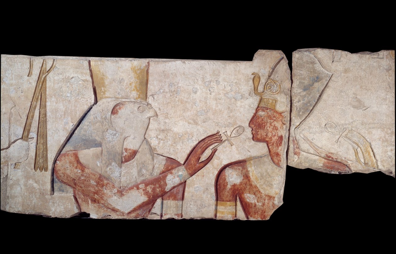 Gammel egyptisk kunst: Kong Ramses II bliver introduceret til guderne Horus, Amon og Hathor, som giver ham liv og kongelige insignier. Lavt kalkstensrelief fra templet Ramses II a Abydos Omkring 1250 f.Kr. 19. dynasti. Nyt imperium. Paris, Musée du Louvre af School Egyptian