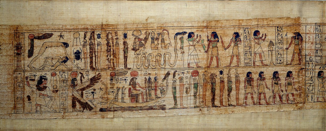 Antik egyptisk kunst Mytologisk Papyrus af Serimen. På toppen: under verdens skabelse er guden Geb (Jorden) adskilt fra gudinden Nout (himlen); guder og genier fra nu af. Nedenfor: Serimen hylder solen, der flyder over med sin ra af School Egyptian