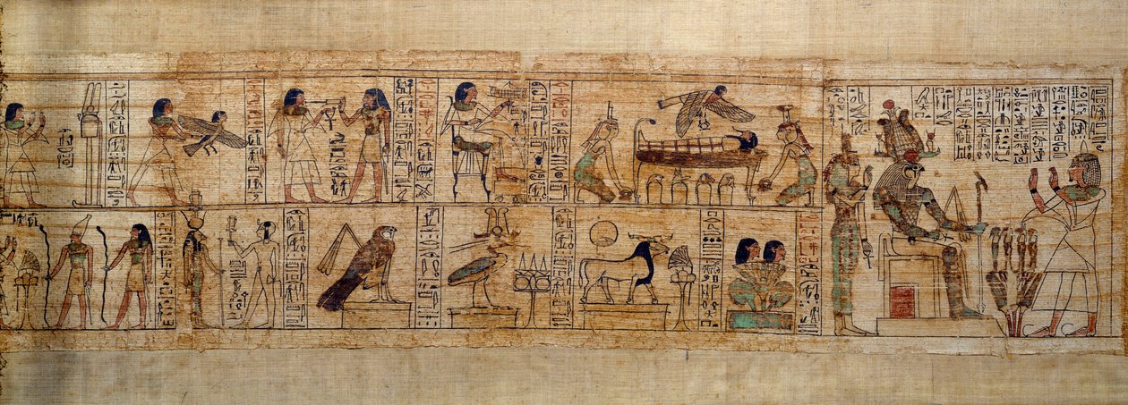 Antik egyptisk kunst Mytologisk Papyrus af Serimen. Øverst: Serimen elsker guden Osiris repræsenteret ved dens emblem i byen Abydos. De dødes sjæl i form af en fugl flyver over hans mumie, set af gudinderne Isis (til venstre) og Nephtys (til højre af School Egyptian