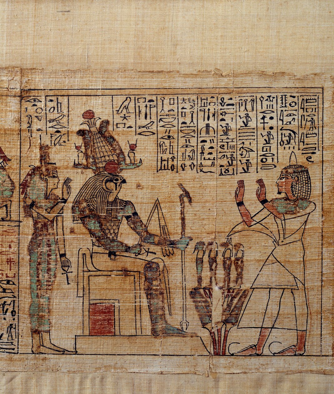 Gammel egyptisk kunst: Mytologisk Papyrus af Serimen. serimen i tilbedelse før guden ptah-sokar-osiris efterfulgt af Isis. Manuskript af det 21. dynasti (ca. 1069-945), tredje mellemperiode (ca. 1069-664 f.Kr.). Maleri. af School Egyptian