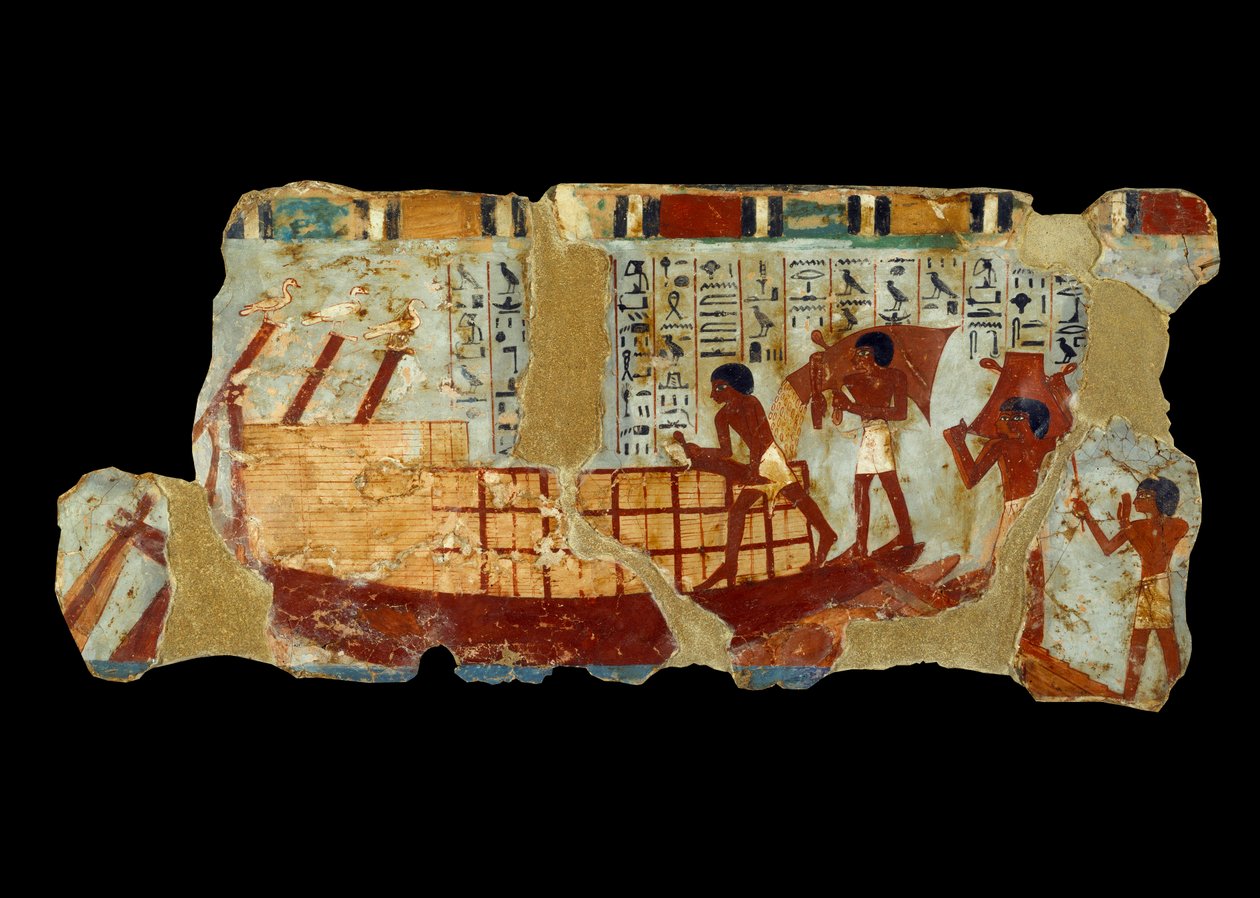 Gammel egyptisk kunst: lastning af korn på et bådmaleri på silt fra Ounous grav (1450 f.Kr.). af School Egyptian