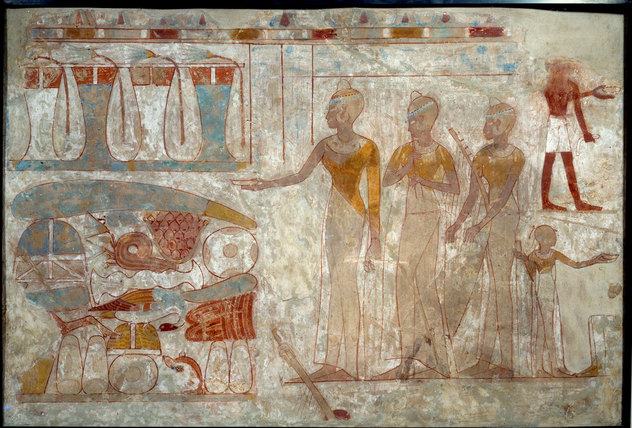 Gammel egyptisk kunst: musikere ved en banket. Maleri på silt (omkring 1400 f.Kr.). af School Egyptian