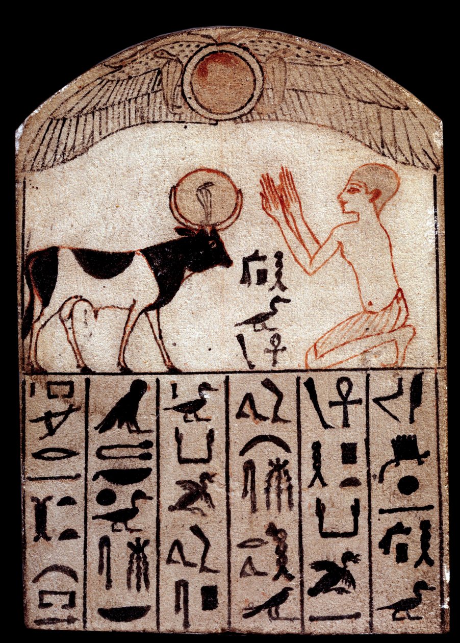 Oldtidskunst: Serapeum stele (malet kalksten). Tilbedelse af Gud Apis. Malet kalkstensskulptur, lav periode (664-332 f.Kr.), Egypten. Paris, Musée du Louvre af School Egyptian