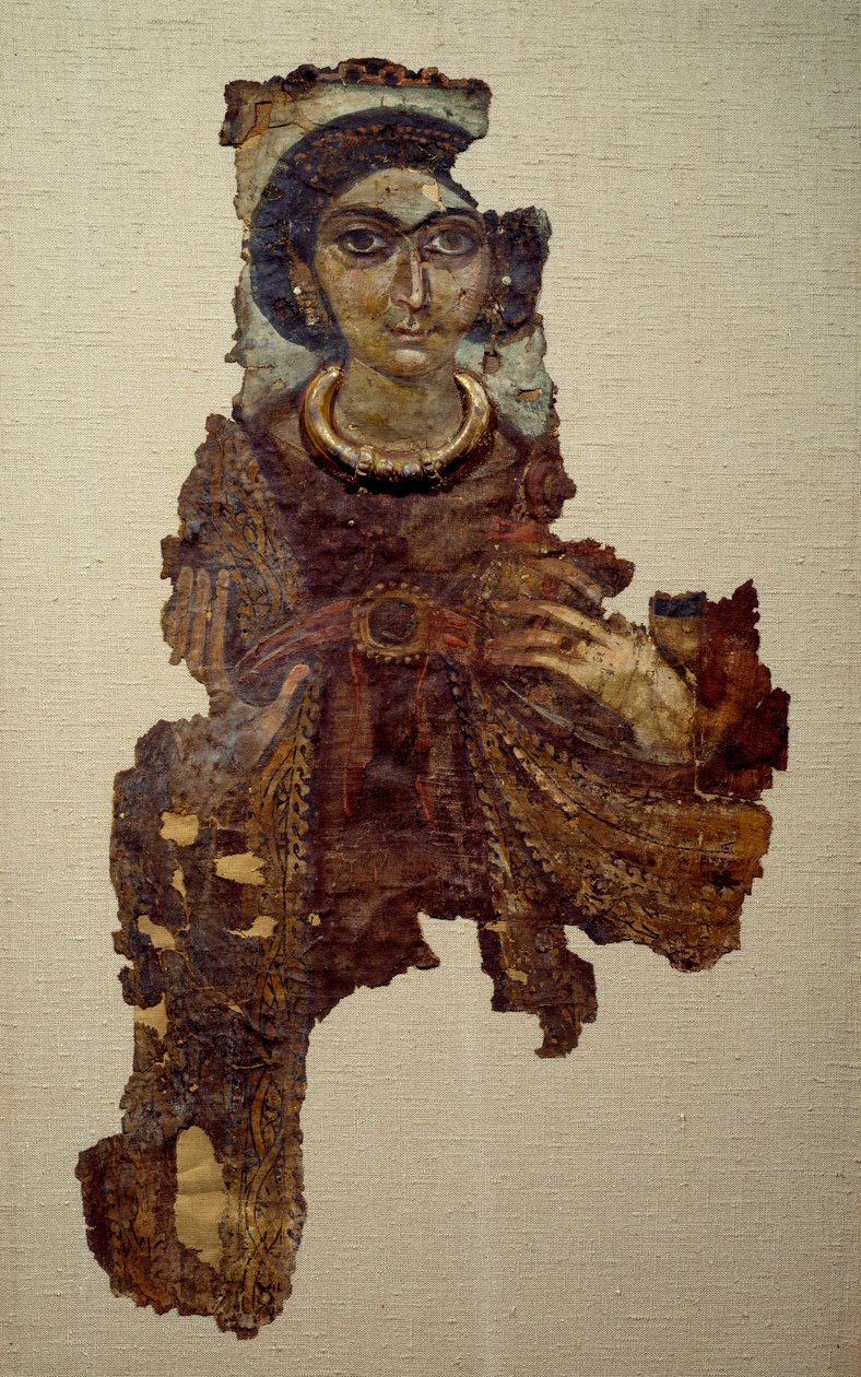 Koptisk kunst: ligklæde af kvinde kaldet dame med korset ansee. Maleri på lærred (4. århundrede e.Kr.) Antinoe. af School Egyptian