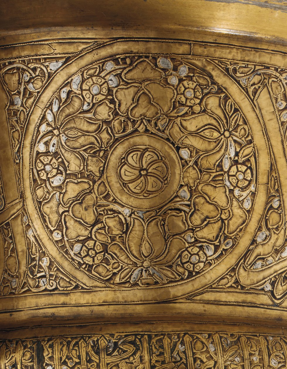 Detalje af et indlagt bakkestativ, Mamluk Egypten eller Syrien, første halvdel af det 14. århundrede (sølv og messing) (se også 448375) af School Egyptian