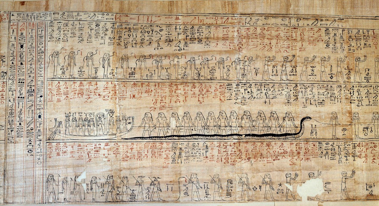 Egyptisk oldtid: Papyrus henter fra bogen om hemmelige hjem. Denne bog er en kommenteret fremstilling af solens underjordiske rejse i løbet af de tolv timer om natten. Først tegner på væggene i de kongelige tomer, det blev derefter transskriberet på af School Egyptian