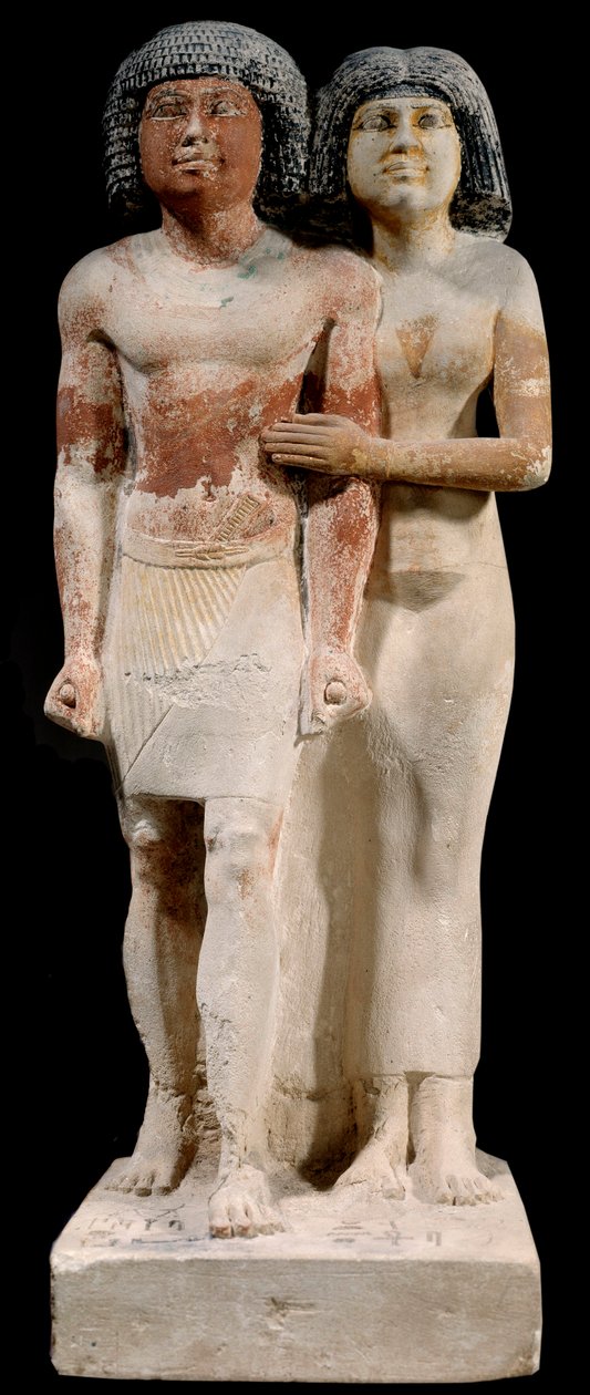 Egyptisk antikvitet: Kalkstensstatue af parret Raherka og Meresankh. 5. dynasti. Gamle imperium (omkring 2700-2200 f.Kr.). Søn 0,52x0,21 m Paris, museum du Louvre af School Egyptian