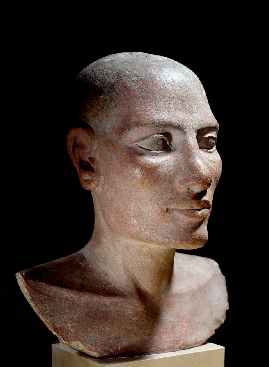 Egyptisk antikvitet: Salthoved. Kalkstensskulptur, Old Empire (omkring 2700-2200 f.Kr.). Paris, musee du Louvre - Egyptisk oldtid: Hovedet af en ung mand sagde "" Salt"" hoved, malet kalksten, Gamle Kongerige (ca. 2700-2200 f.Kr.), Louvre Museum, Paris af School Egyptian