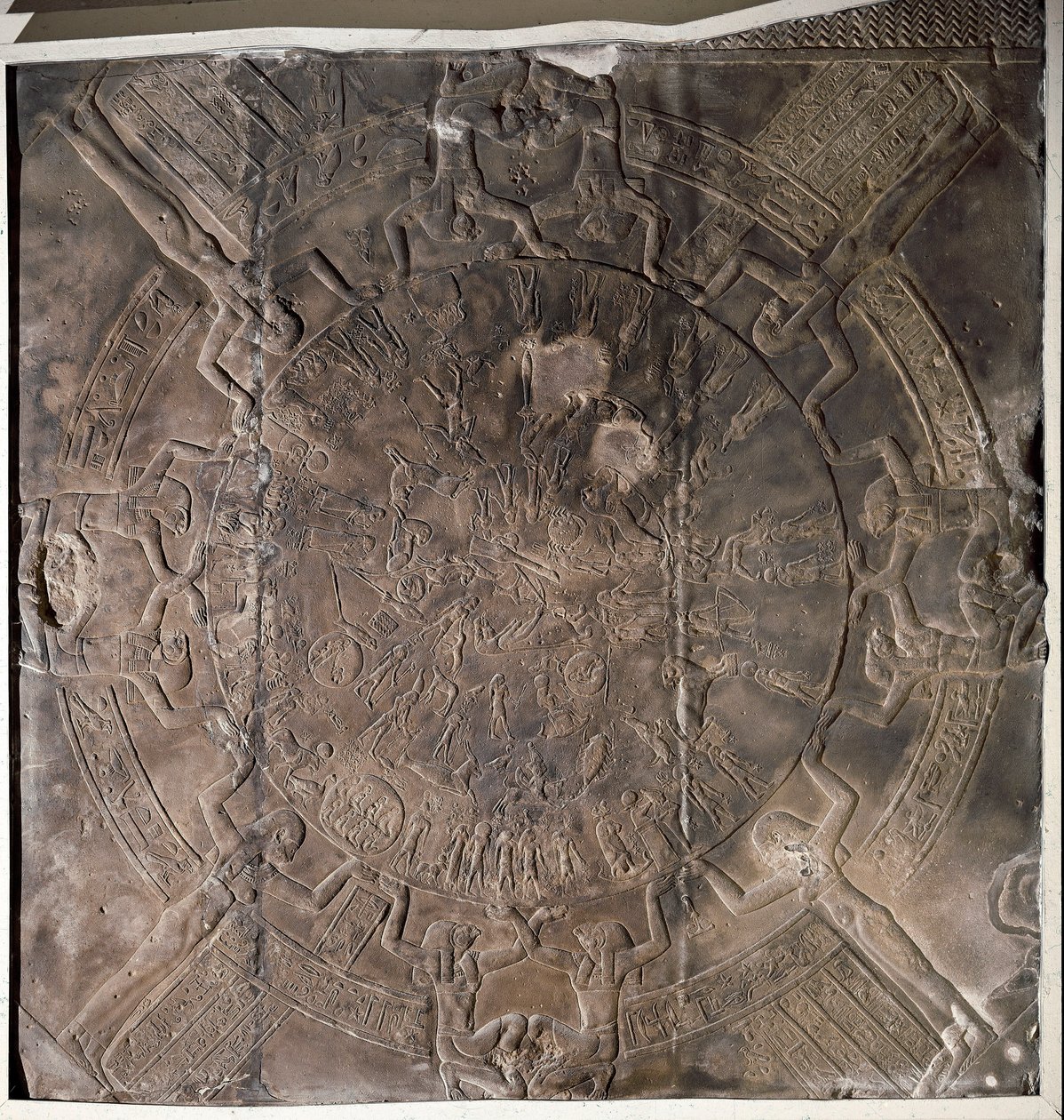 Egyptisk antikvitet: "" The Zodiac"" Lavt relief fra loftet i Osiris østkapel på Hathor-templet i Denderah. Ptolemæisk periode (332-30 f.Kr.) Paris, Louvre-museet af School Egyptian
