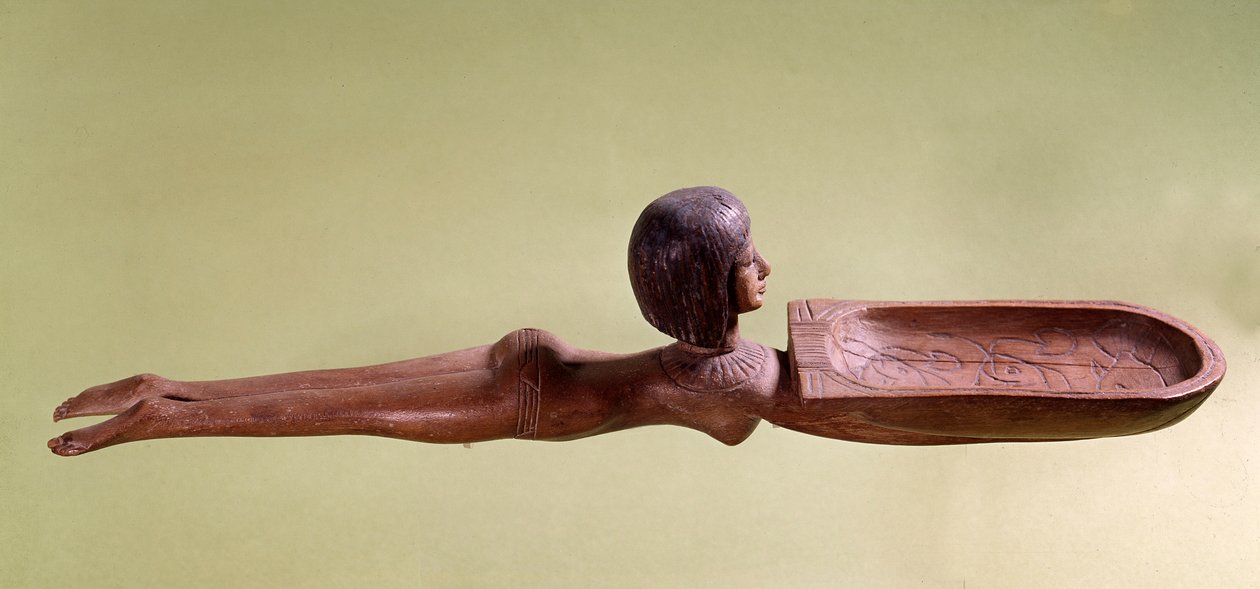 Egyptisk antikviteter: En nøgen svømmer, der holder en and, er en træske til kosmetikske. 18. dynasti, det nye imperium. Paris, Louvre-museet af School Egyptian