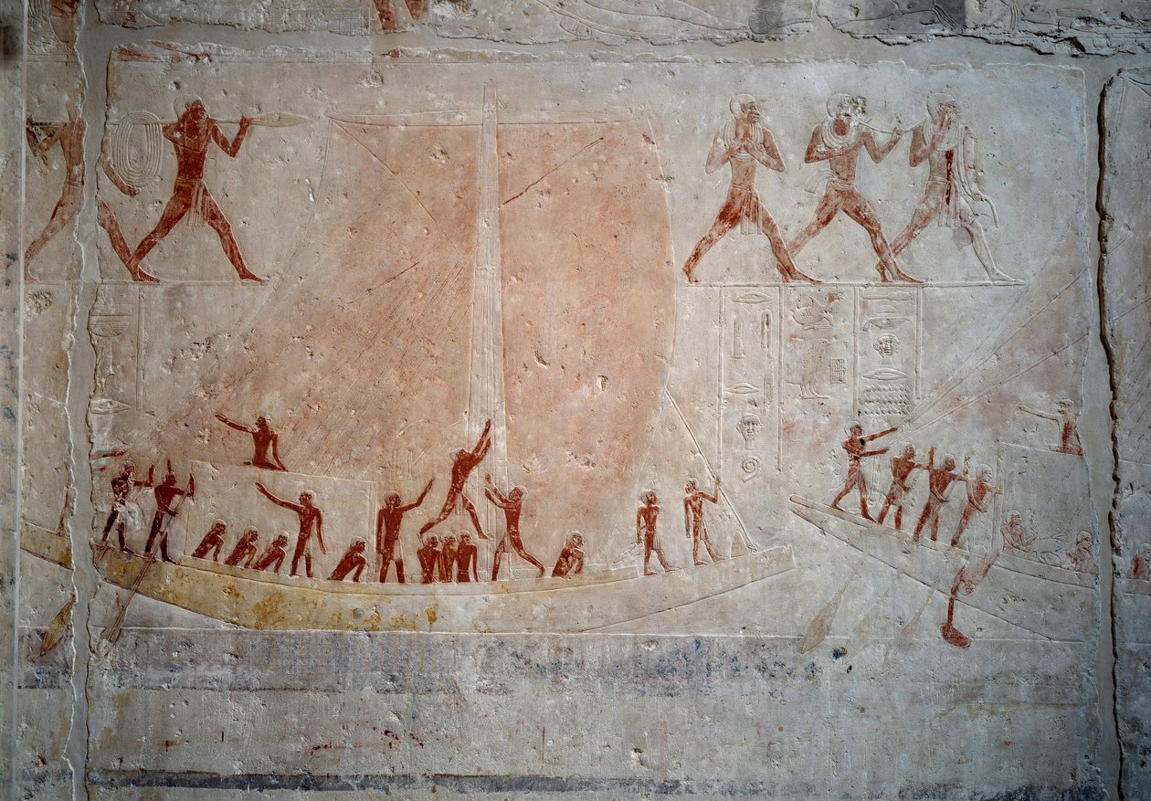 Egyptisk antikvitet: en sejlbåd. Kalkstensrelief fra Kapellet i Mastaba af Akhethetep i Saqqara. 5. dynasti (omkring 2500-2350 f.Kr.) 2300 f.Kr. Paris, Louvre-museet af School Egyptian