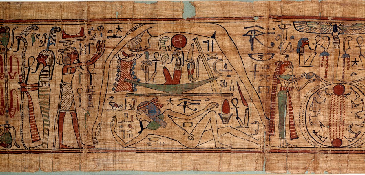 Egyptisk antik allegori af kosmos: mytologisk papyrus af Neskapashouty, regnskabsskriver af korn, der repræsenterer kosmogoni, med Geb, Nout, Nephtys, Osiris. 1070-664 f.Kr. 21. dynasti. Søn 2,7x0,27 m Paris, museum du Louvre af School Egyptian