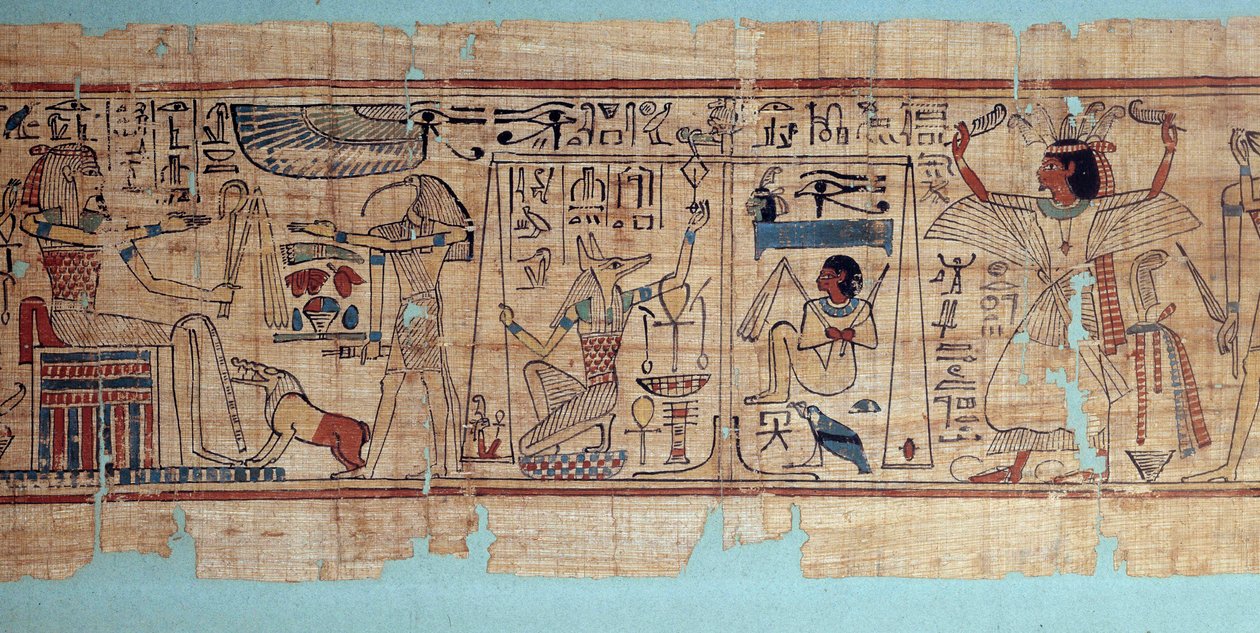 Ægyptisk antikvitet: detalje af den mytologiske papyrus fra Neskapashouty, revisor, der skriver kornene på Amons loftsrum. Anubis vejer den afdødes hjerte (sjæl). 21. dynasti af School Egyptian