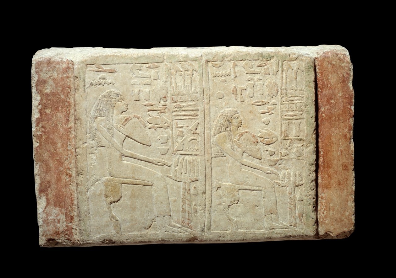 Egyptisk antikvitet: begravelsesstele i kalksten af Waten- og Ousernebnet-damerne. Thinitis periode (ca. 3100-2700 f.Kr.) 2. dynasti fra Memphis. Paris Louvre Museum af School Egyptian