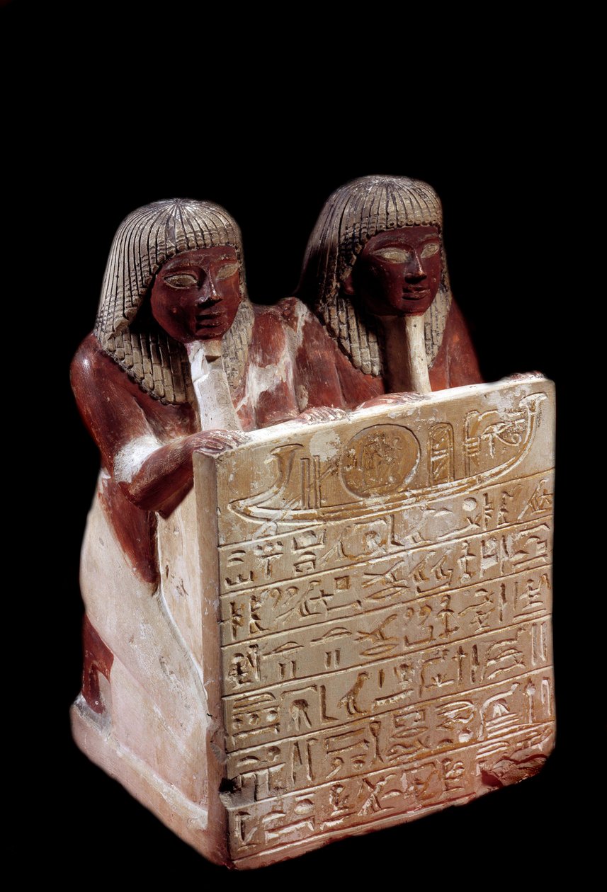 Egyptisk antikvitet: Kalkstensstatue, der fungerer som stele i navnet på Didi og hans søn Padoua. Nyt imperium. Fra Deir el Medineh. Søn 0,31 m Paris, Musée du Louvre af School Egyptian