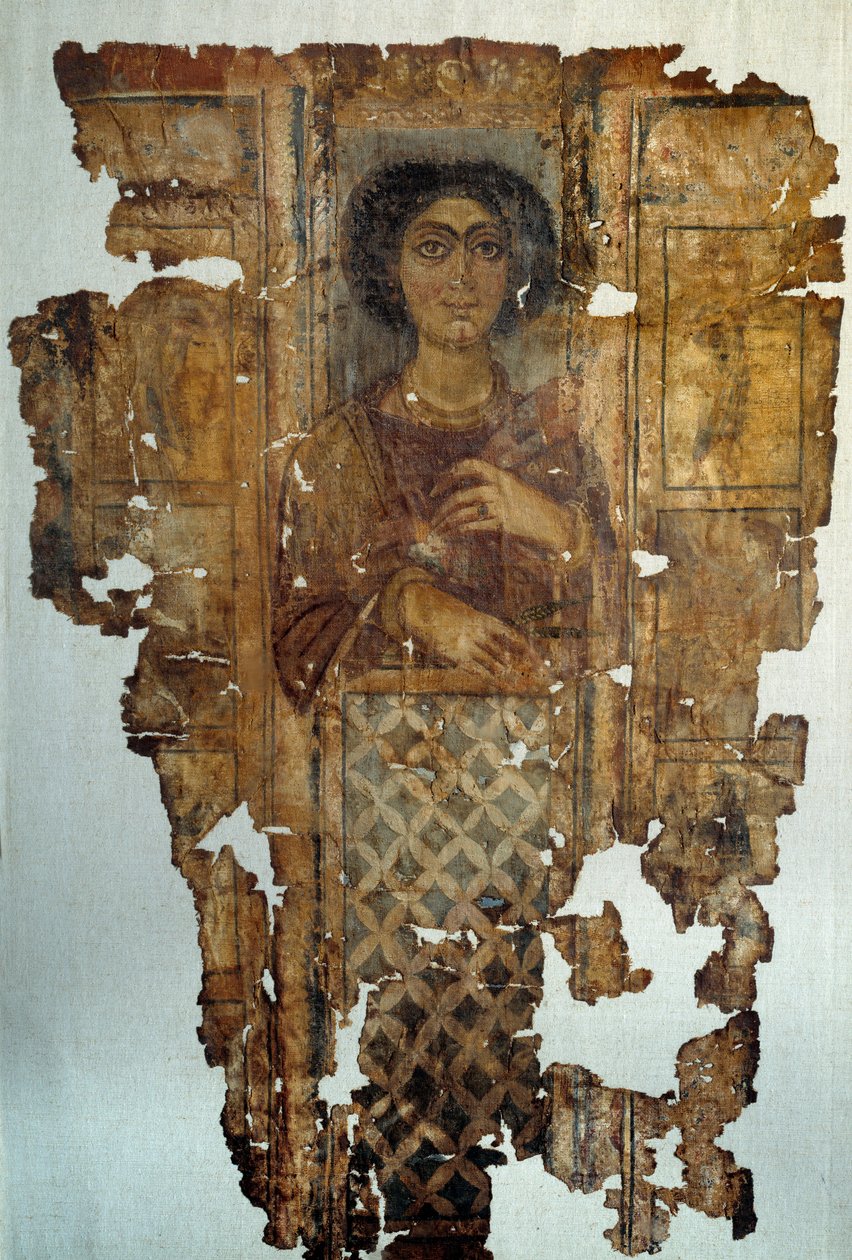 Egyptisk antikviteter: linnedklæde malet og doree af en kvinde fra Antino. 4. århundrede e.Kr. Paris, Louvre-museet af School Egyptian