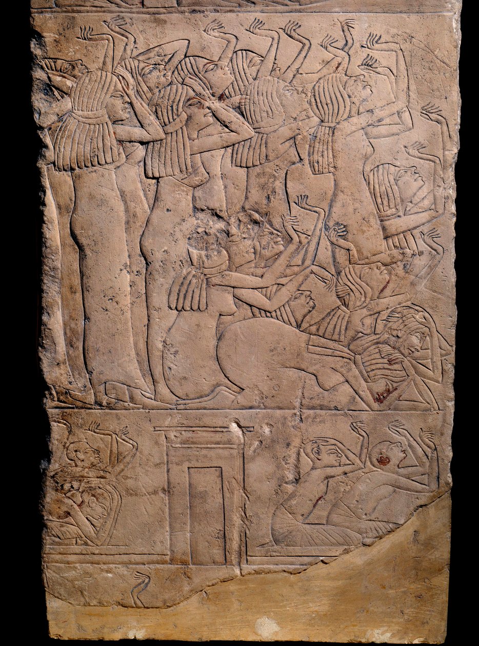 Egyptisk antikvitet: memphitgrav fra Horemheb til Saqqarah (Sakkarah eller Saqqara), relief: grædende ved Horemhebs begravelse. 18. dynasti (ca. 1550-1295 f.Kr.) af School Egyptian