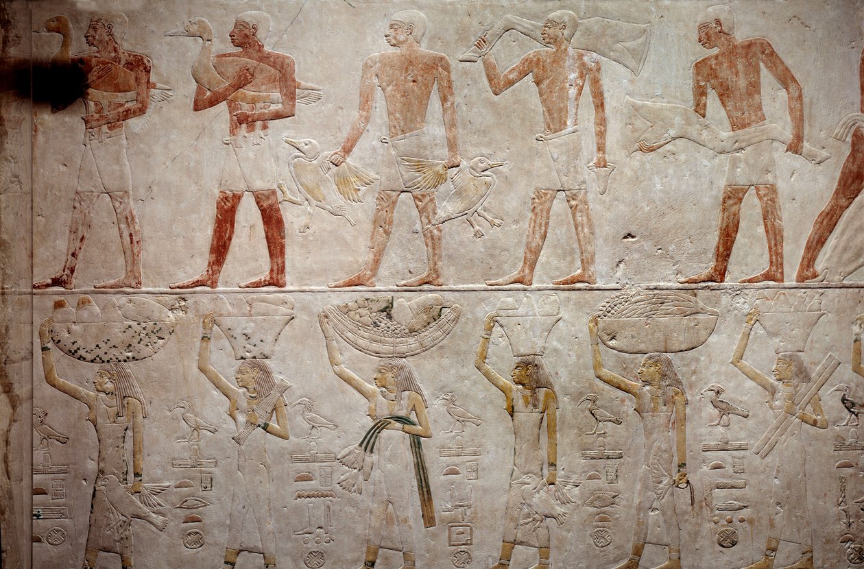 Egyptisk antikvitet: mænd, der bærer ænder. Kalkstensrelief fra Kapellet i Mastaba af Akhethetep i Saqqara. 5. dynasti (omkring 2500-2350 f.Kr.) 2300 f.Kr. Paris, Louvre-museet af School Egyptian