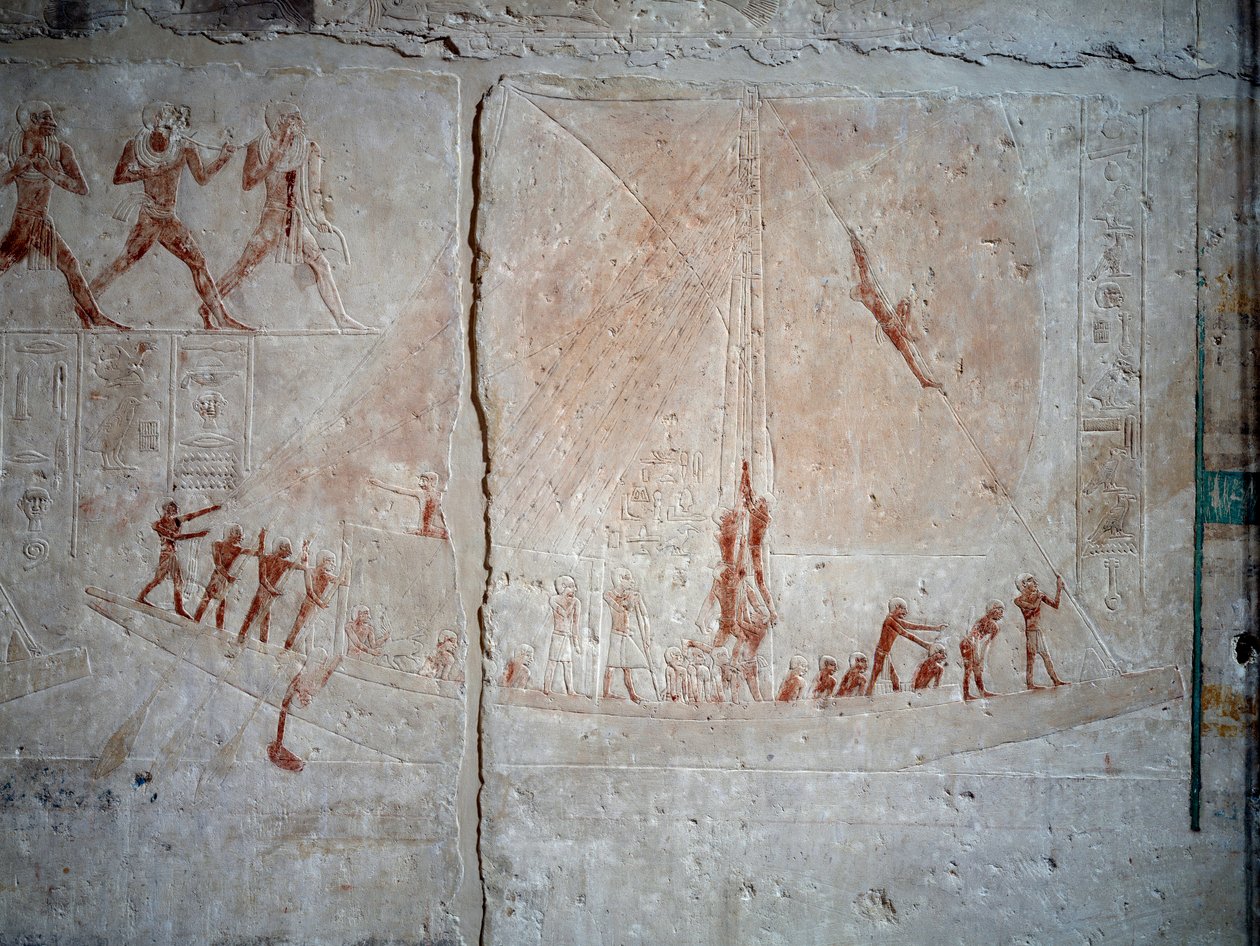 Egyptisk antikvitet: navigationsscene. Kalkstensrelief fra Kapellet i Mastaba af Akhethetep i Saqqara. 5. dynasti (omkring 2500-2350 f.Kr.) 2300 f.Kr. Paris, Louvre-museet af School Egyptian