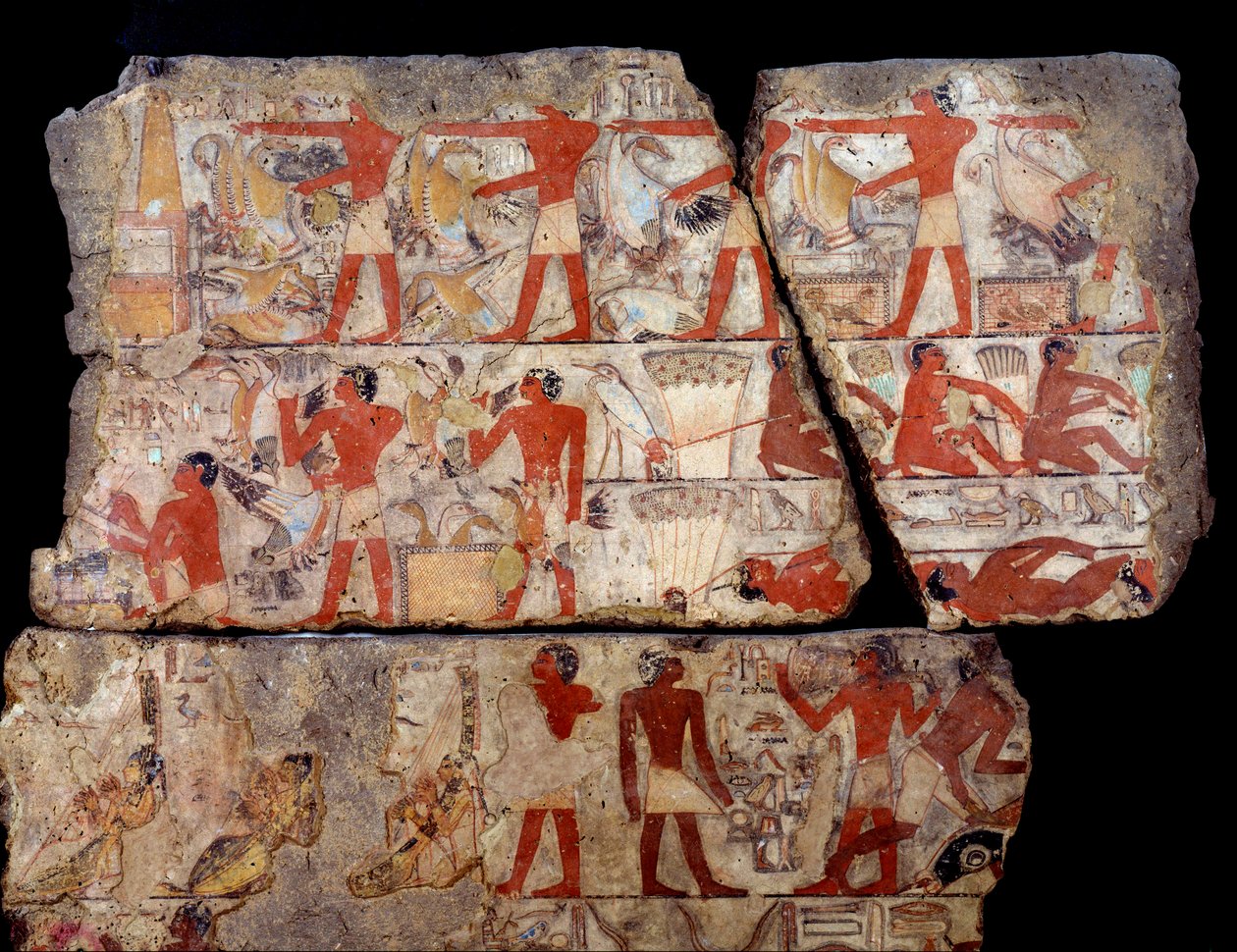Egyptisk antikvitet: maleri af Metchetchis mastaba. Scene for det daglige liv (jagt, fiskeri, ofring) i Egypten på tidspunktet for det 6. dynasti. 2400-2300 f.Kr. Fra stedet for Saqqara (Sakkara) af School Egyptian