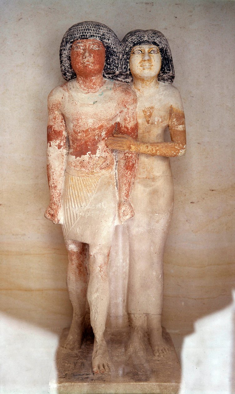 Egyptisk antikvitet: statue af Raherka, de skriftlærde, og hans kone Meresankh. Malet kalkstensstatue. 5. dynasti, antikke imperium (omkring 2700-2200 f.Kr.). Svag. 0,52x0,21 m. Louvre-museet af School Egyptian