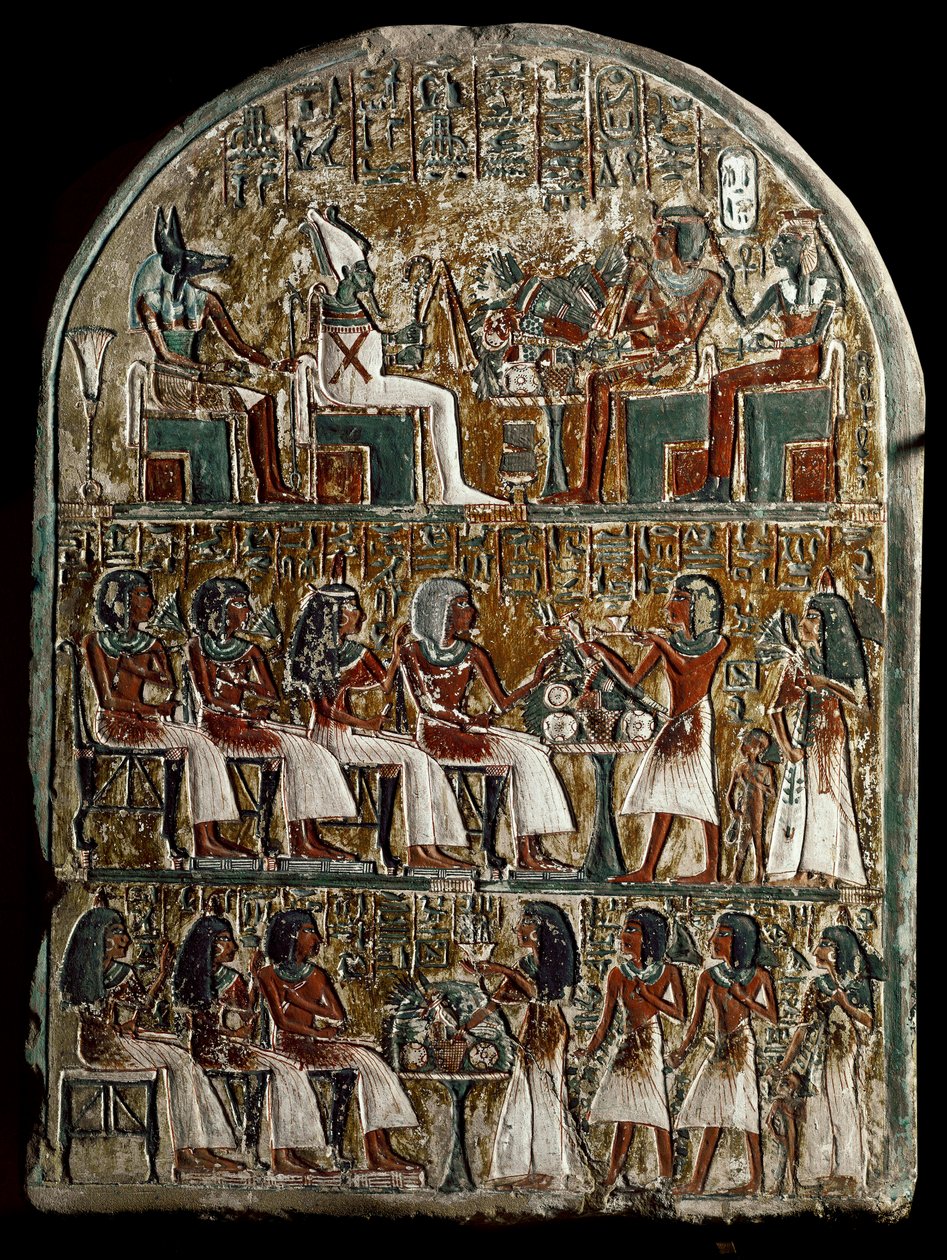 Egyptisk antikvitet: stele af Irynefer, ovenpå guderne Osiris og Anubis overfor Amenophis I og Ahmes Nefertari diviniser; i Irynefer center giver hans kone Mehytkhaty og deres datter Hathor begravelsesofferet til deres forældre, i bunden Hathor voksen af School Egyptian