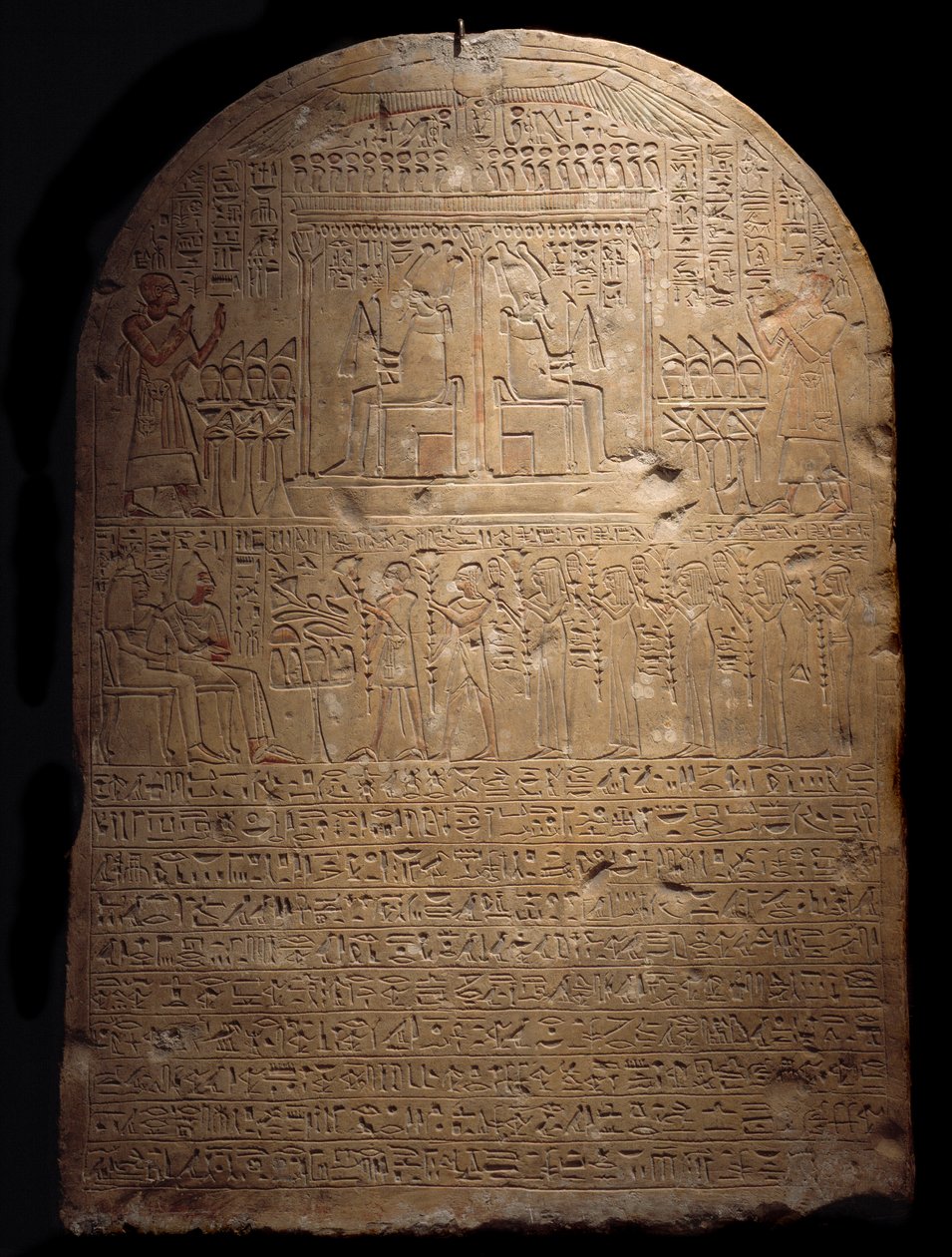 Egyptisk antikvitet: stele af Ptames, første profet af Aton under farao Amenhotep (Amenophis) III. 1403-1365 før JC 18. dynasti Lyon, Musee des Beaux Arts af School Egyptian