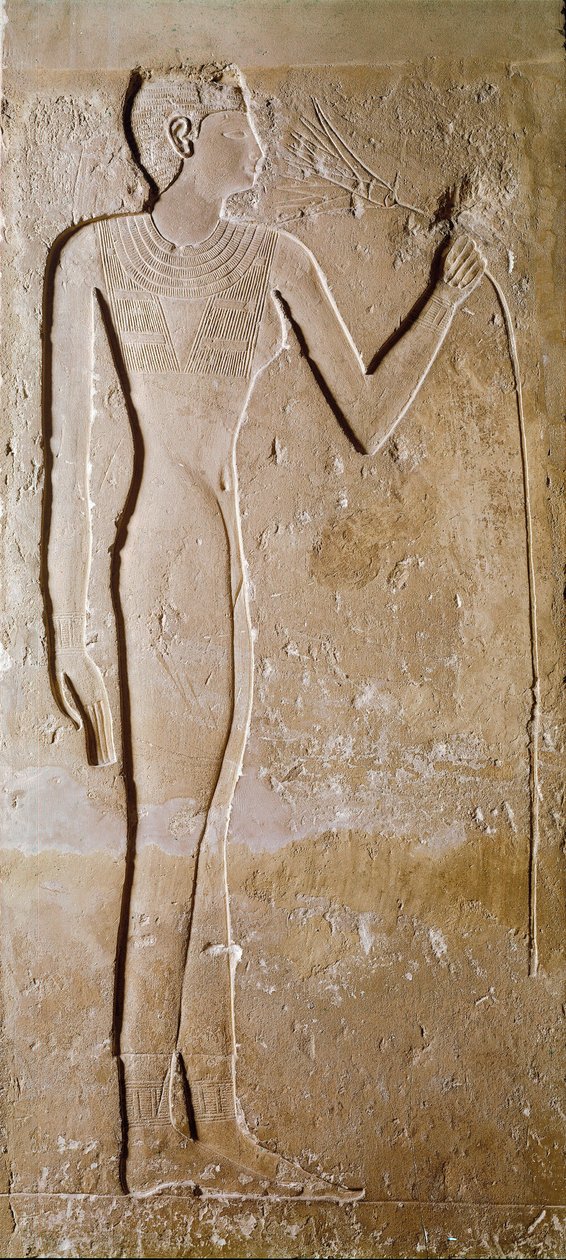 Egyptisk antikvitet: ung kvinde har lotusblomst. Kalksten. 5. dynasti, 2300 f.Kr. Svag. 145 cm Paris, Musée du Louvre af School Egyptian