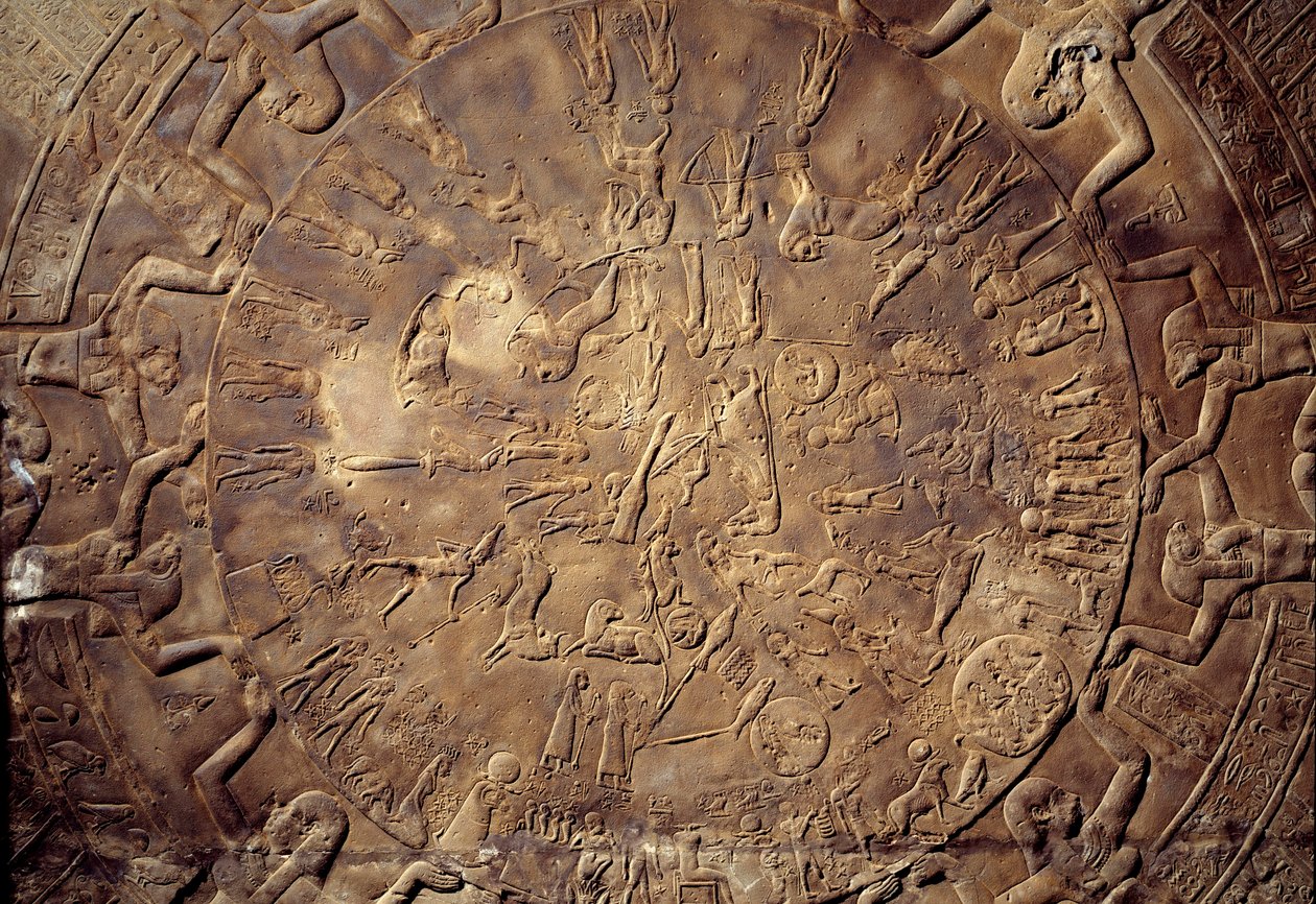 Egyptiske antikviteter: stjernetegnsdetaljer med reliefkonstellationer fra loftet i Osiris østkapel fra Hathor-templet i Dendera. 30 f.Kr. Paris, Louvre-museet af School Egyptian